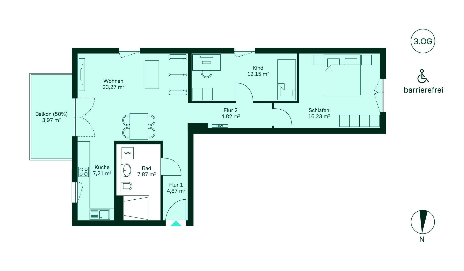 Entdecken Sie diese barrierefreie Wohnung: Flur, Küche, Wohnzimmer, Kinderzimmer, Schlafzimmer, Bad, Balkon. Perfekt für Familien!