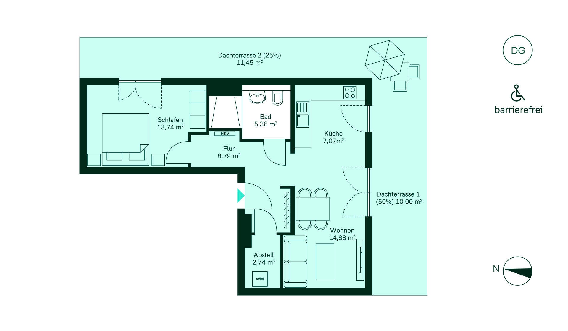 Barrierefreier und komfortabler Grundriss Gemütliche Wohnung mit barrierefreiem Zugang. Flur führt zur Küche und Wohnzimmer. Schlafzimmer und Bad sind gut geschnitten. Zwei Dachterrassen bieten viel Platz zum Entspannen.