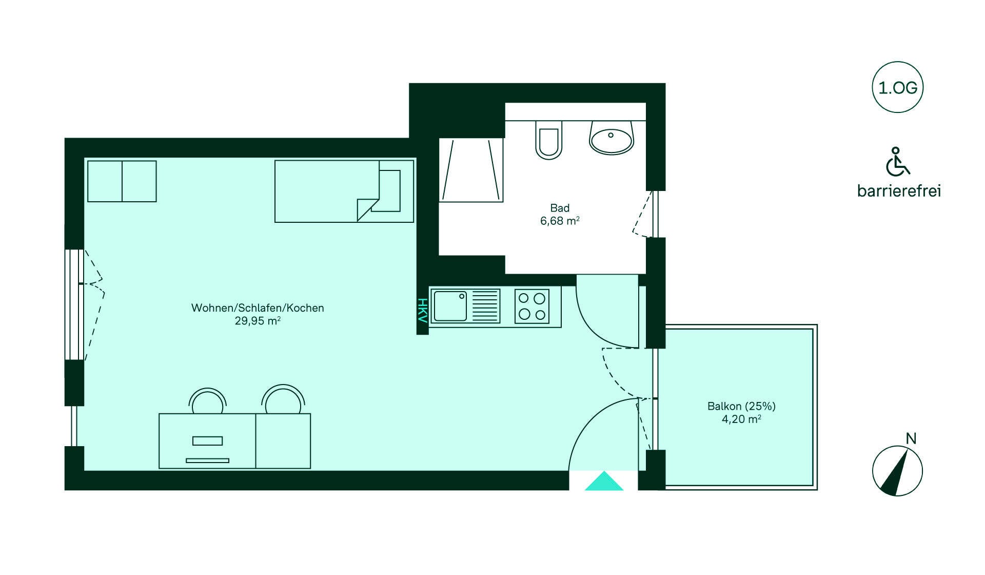 Barrierefreier und komfortabler Grundriss Grundriss des Mini-Apartments im Neubauprojekt Ruetscherhof