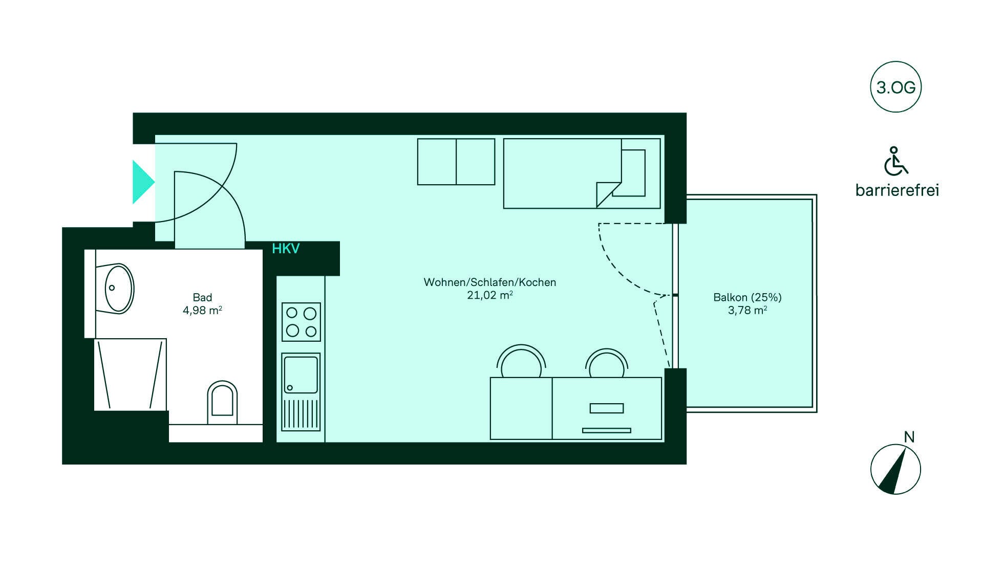 Grundriss des Mini-Apartments im Neubauprojekt Ruetscherhof