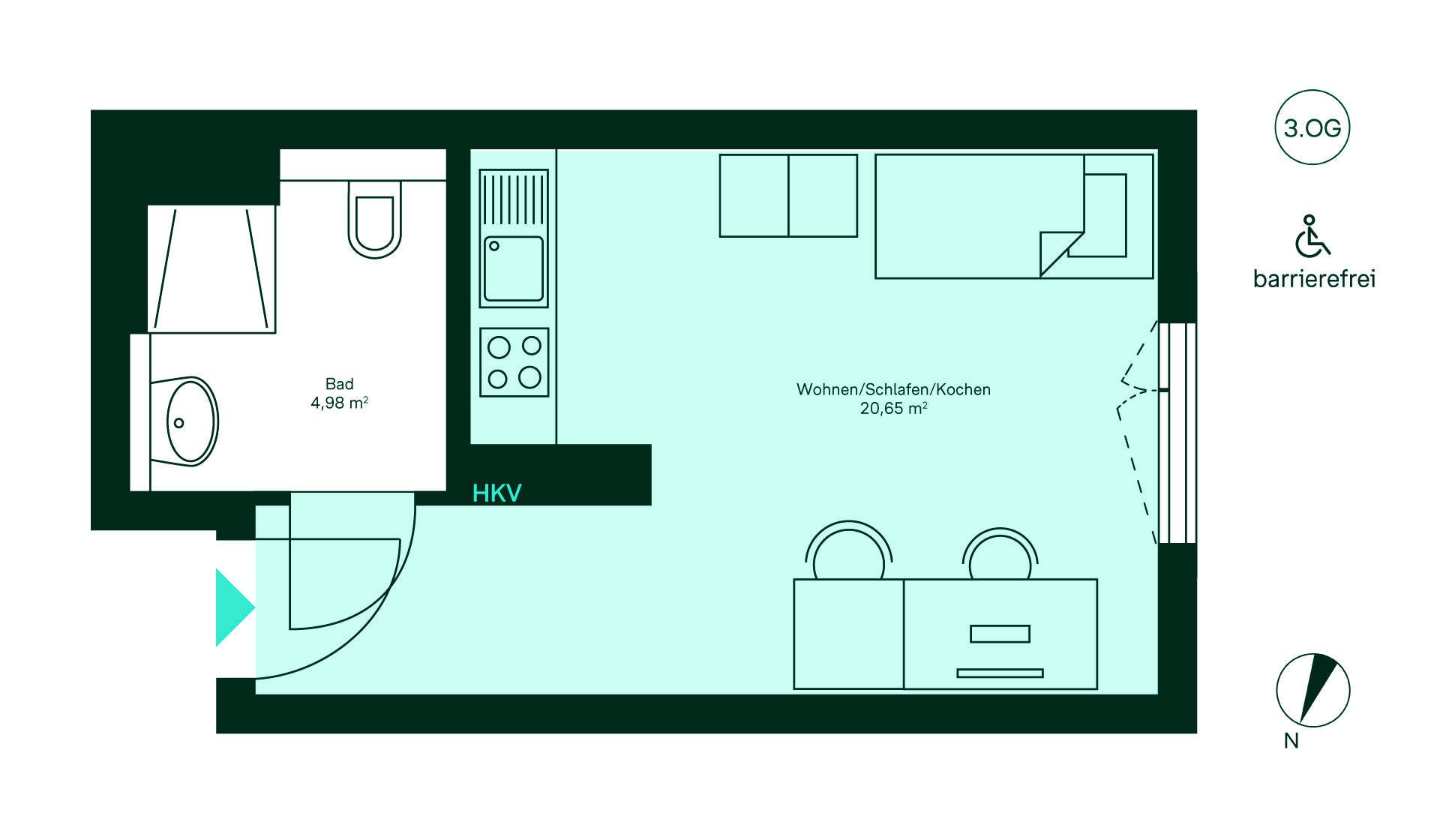 Barrierefreier und komfortabler Grundriss Grundriss des Mini-Apartments im Neubauprojekt Ruetscherhof