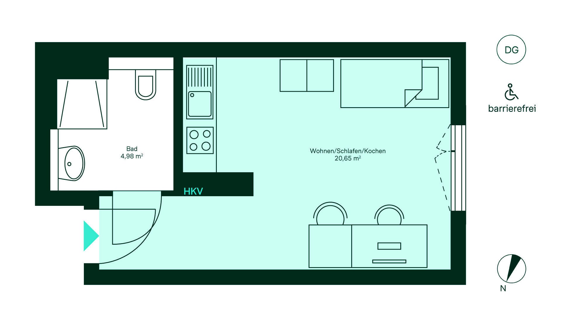 Barrierefreier und komfortabler Grundriss Grundriss des Mini-Apartments im Neubauprojekt Ruetscherhof