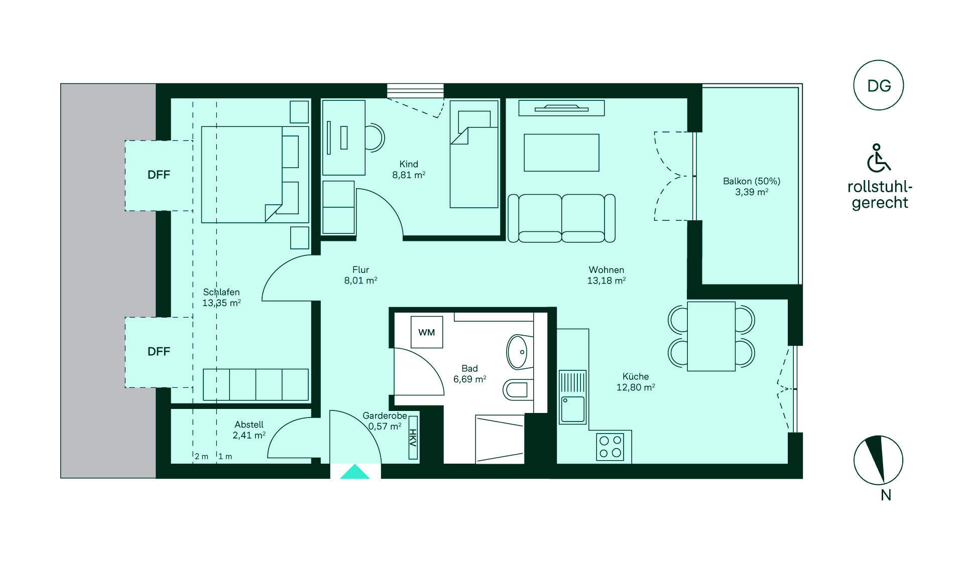 Grundriss der Eigentumswohnung Entdecken Sie die barrierefreie Wohnung: Flur, Küche und Wohnzimmer je 13 m², zwei Schlafzimmer, Bad, Balkon. Perfekt für Familien!