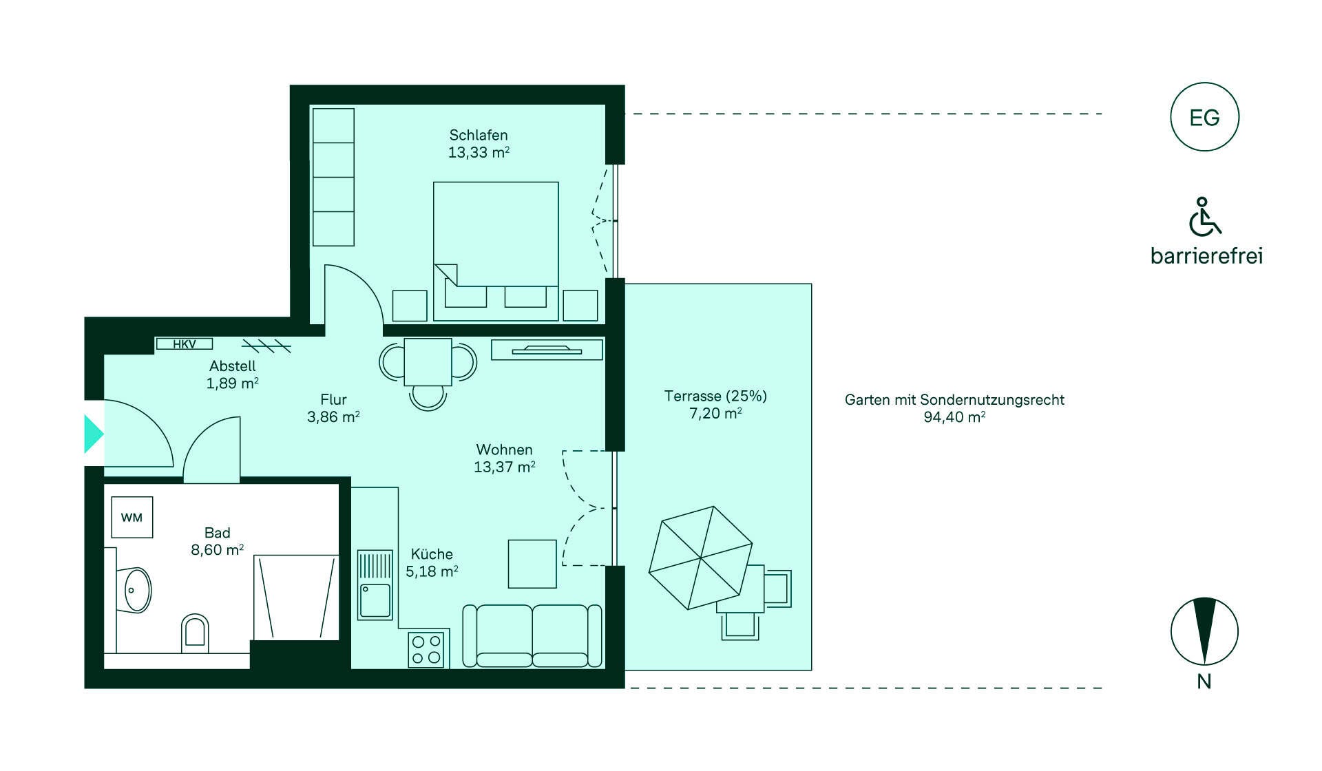 Barrierefreie Wohnung im EG: Flur, Küche, Wohnzimmer, Schlafzimmer, Bad, Terrasse, Garten. Ideal für Sie!