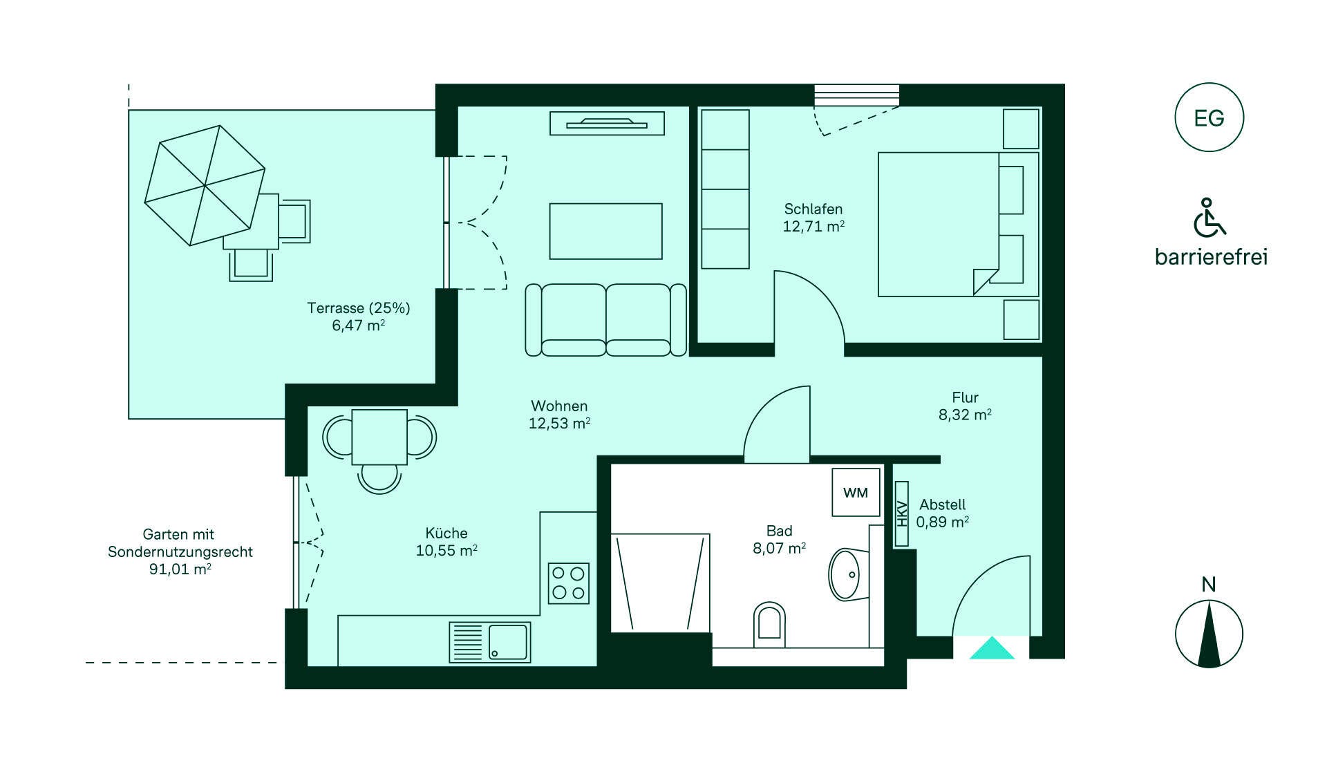 Grundriss der Eigentumswohnung Entdecken Sie Ihr neues Zuhause: Eingang mit Flur, Küche, gemütliches Wohnzimmer, Schlafzimmer, Bad. Terrasse und Garten laden zum Entspannen ein. Barrierefrei für komfortables Wohnen.