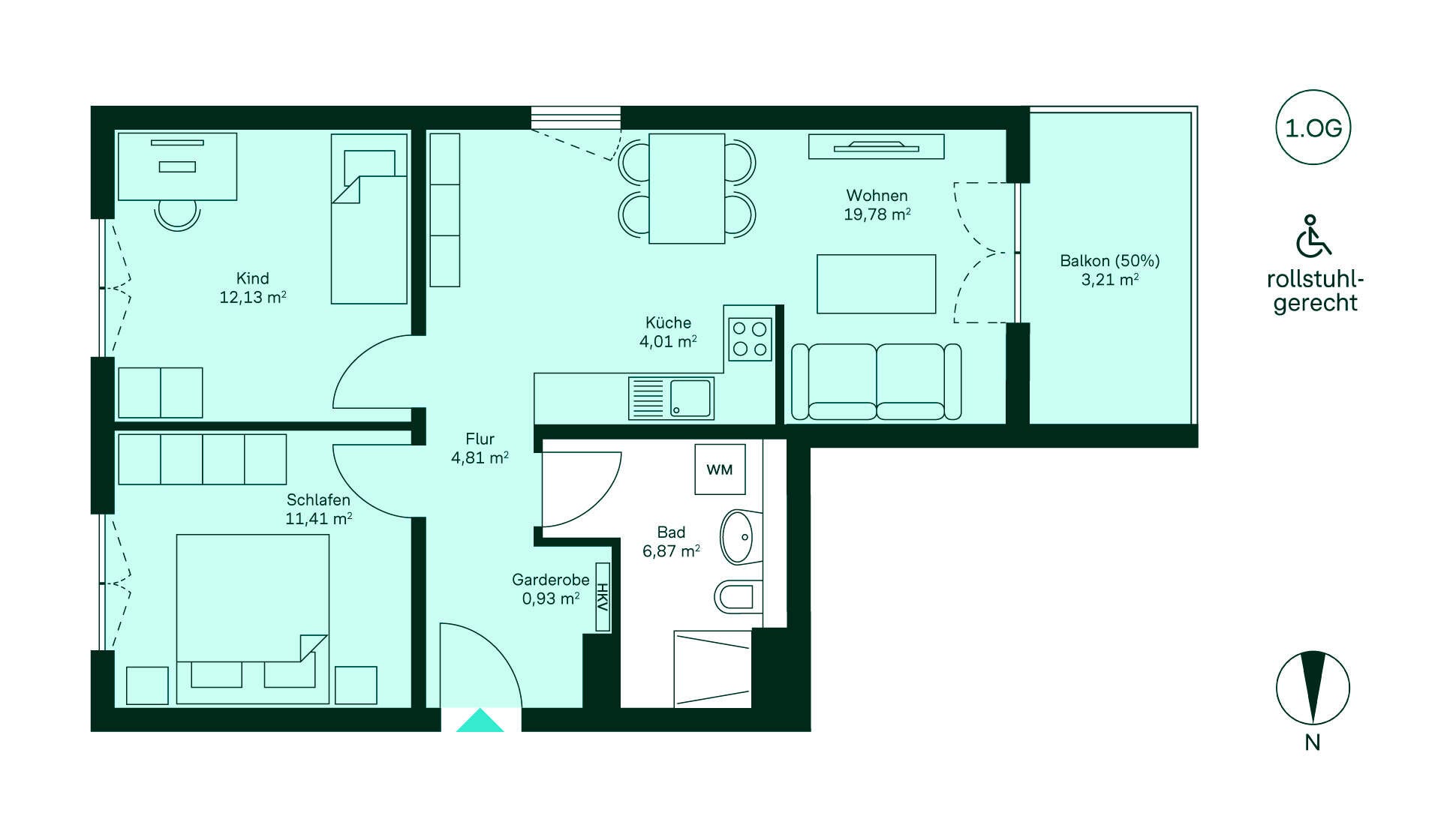 Grundriss einer rollstuhlgerechten Wohnung: Flur, Küche, Wohnbereich, zwei Schlafzimmer, Bad, Balkon.