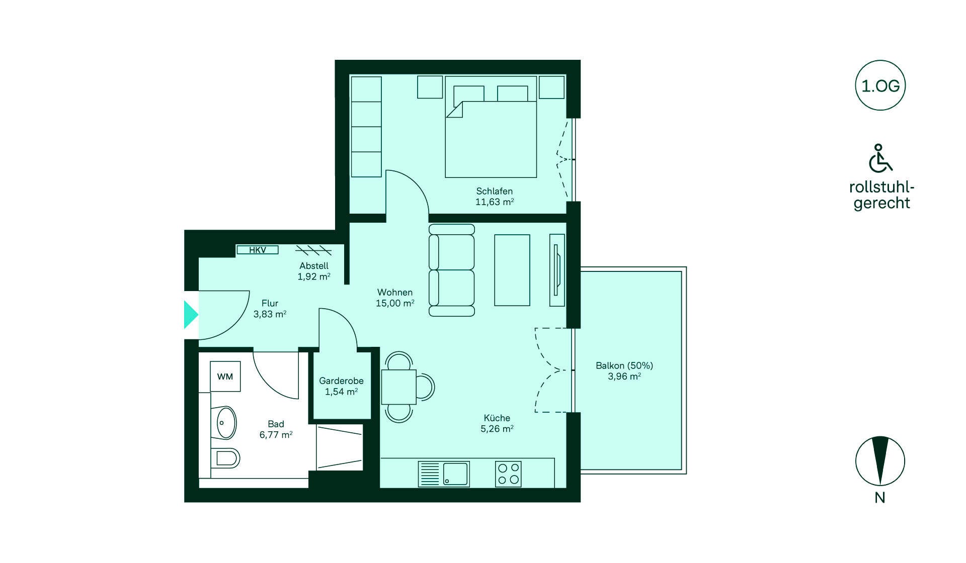 Entdecken Sie diese rollstuhlgerechte Wohnung: Flur, Küche, Wohnzimmer, Schlafzimmer, Bad und Balkon. Perfekt für komfortables Wohnen!