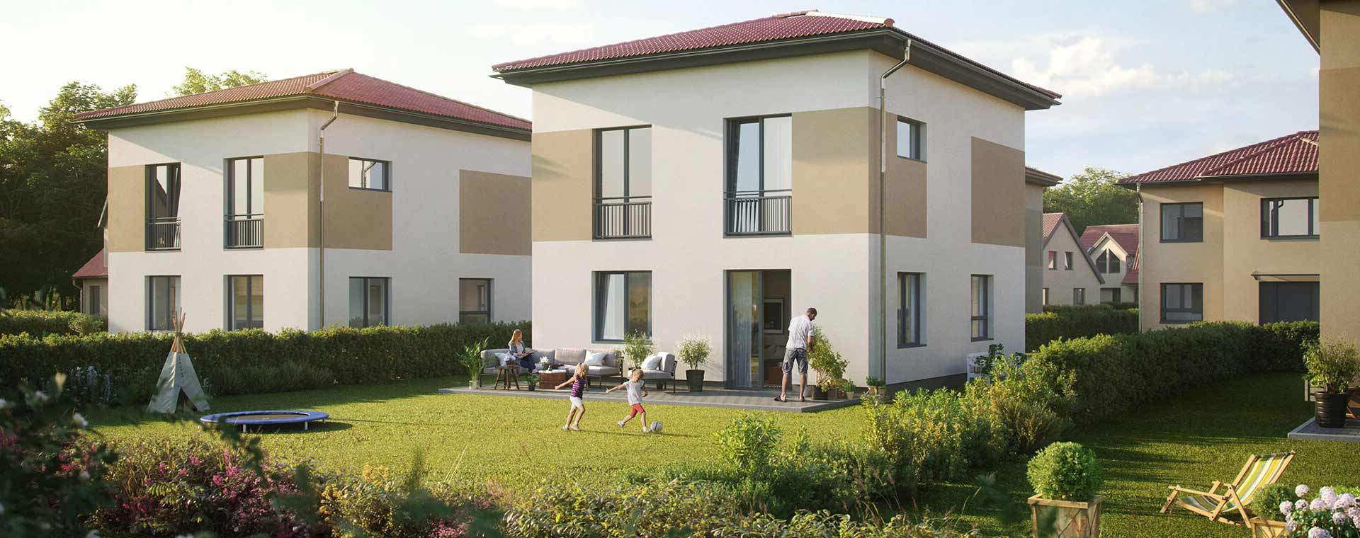 Unser familiäres Neubauquartier in Machern, einem beliebten Vorort von Leipzig attraktive Einfamilienhäuser mit großen, grünen Gärten und spielenden Kindern