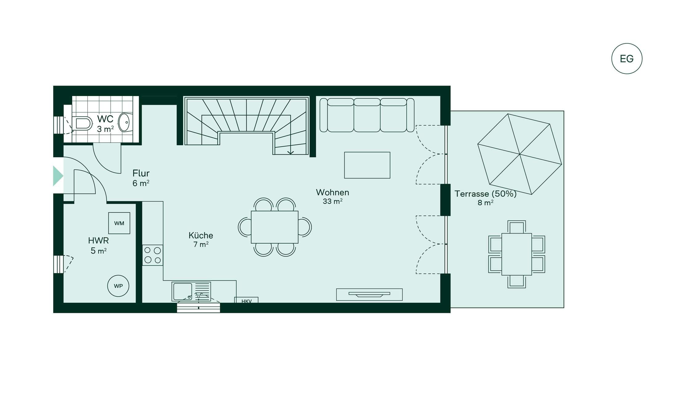 Grundriss des Erdgeschosses vom Doppelhaus im Neubauprojekt Neuseengaerten