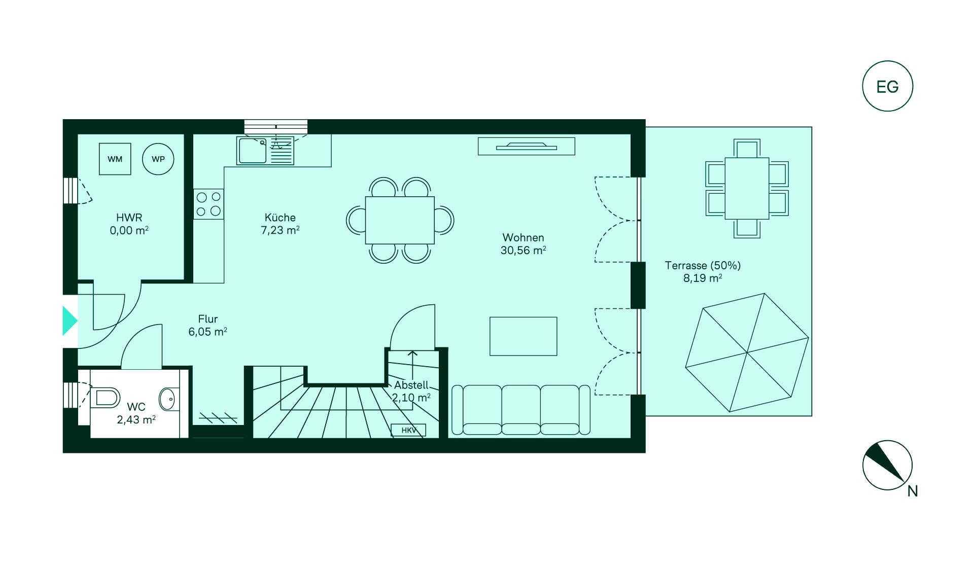 Grundriss des Erdgeschosses vom Doppelhaus im Neubauprojekt Neuseengaerten