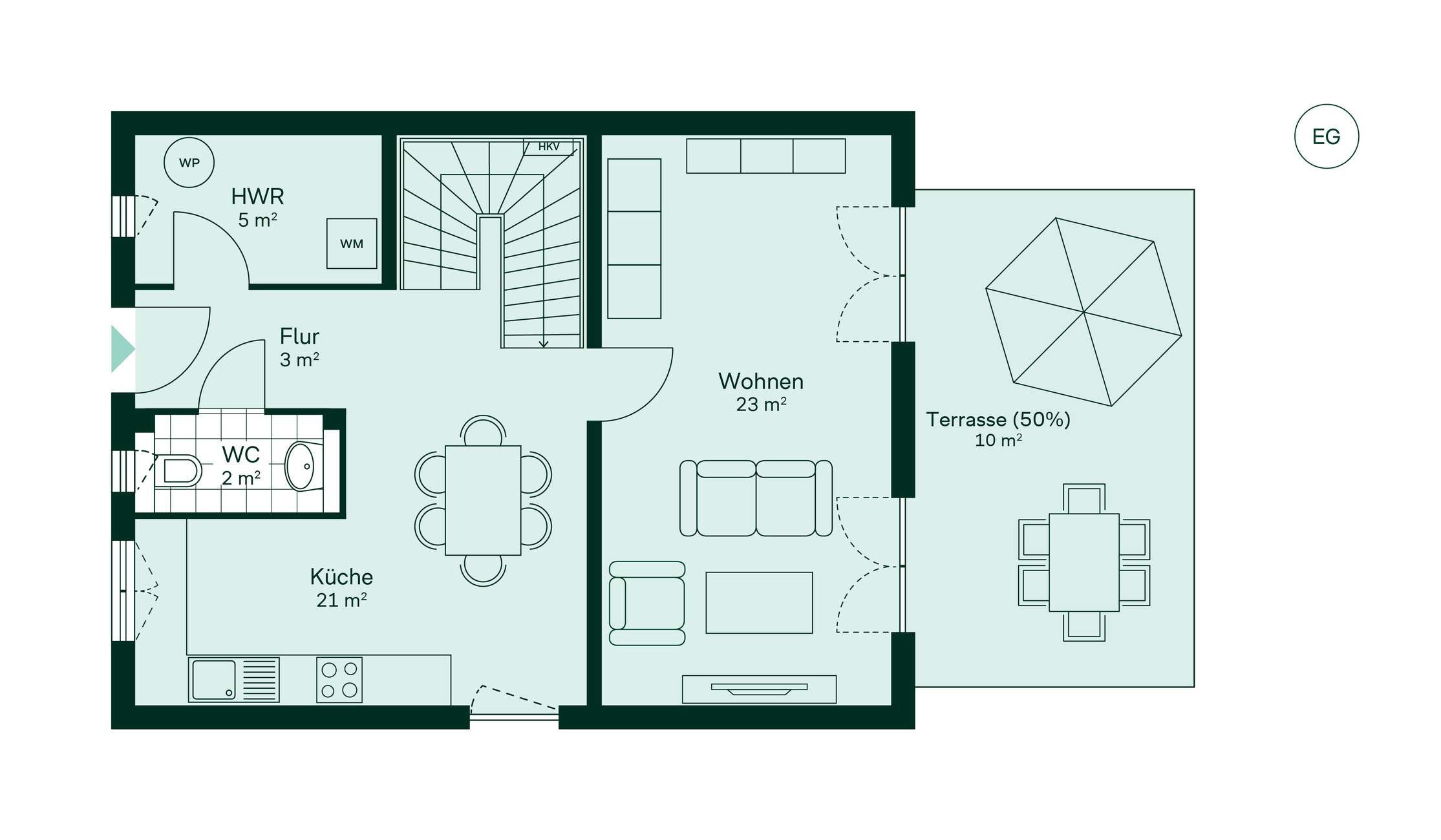 Geräumiges Erdgeschoss mit viel Stauraum Grundriss des Erdgeschosses vom Doppelhaus im Neubauprojekt Neuseengaerten