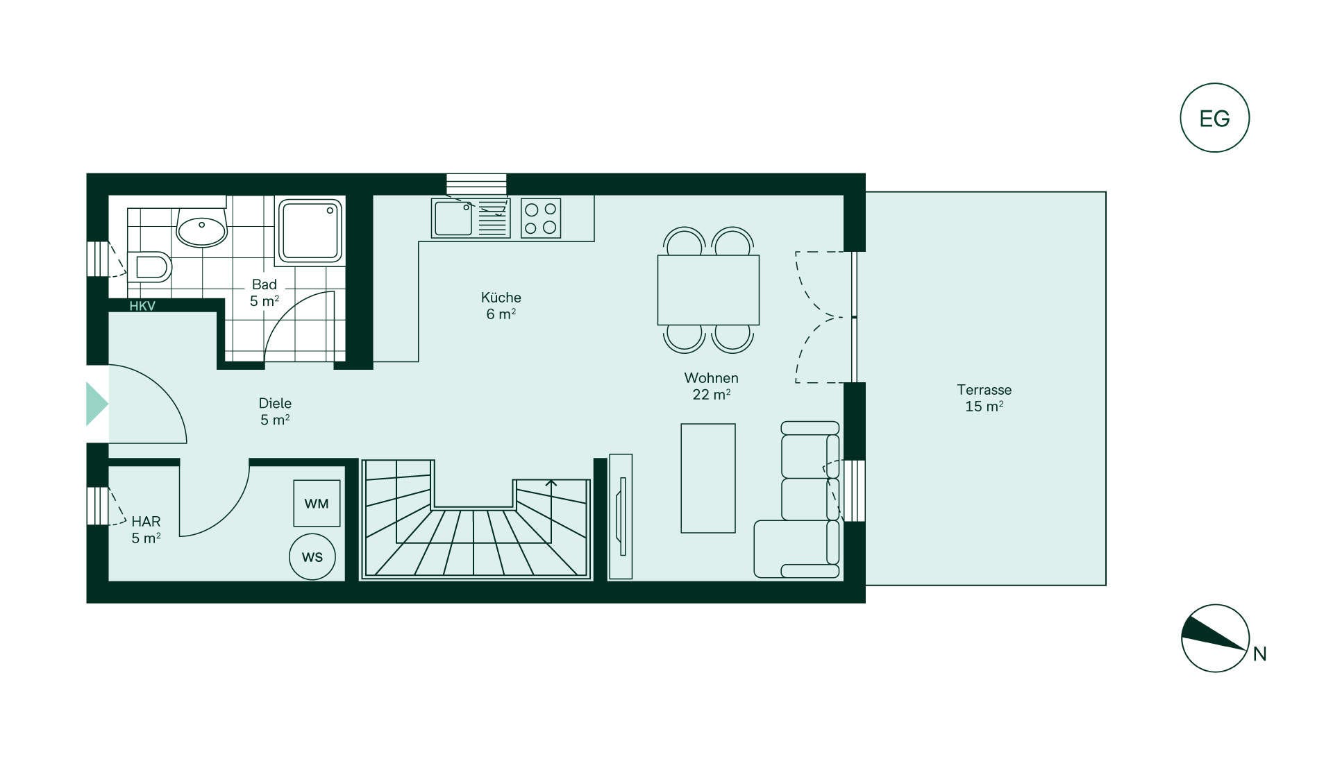Grundriss des Erdgeschosses im Doppelhaus im Neubauprojekt Neuseengaerten