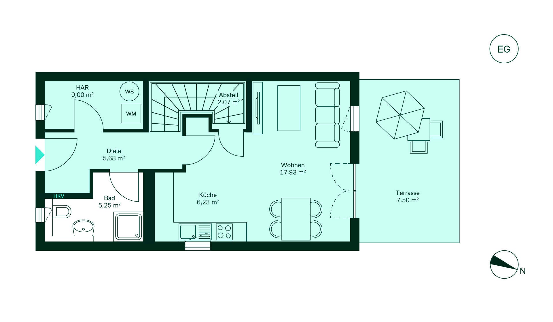 Grundriss des Erdgeschosses im Doppelhaus im Neubauprojekt Neuseengaerten
