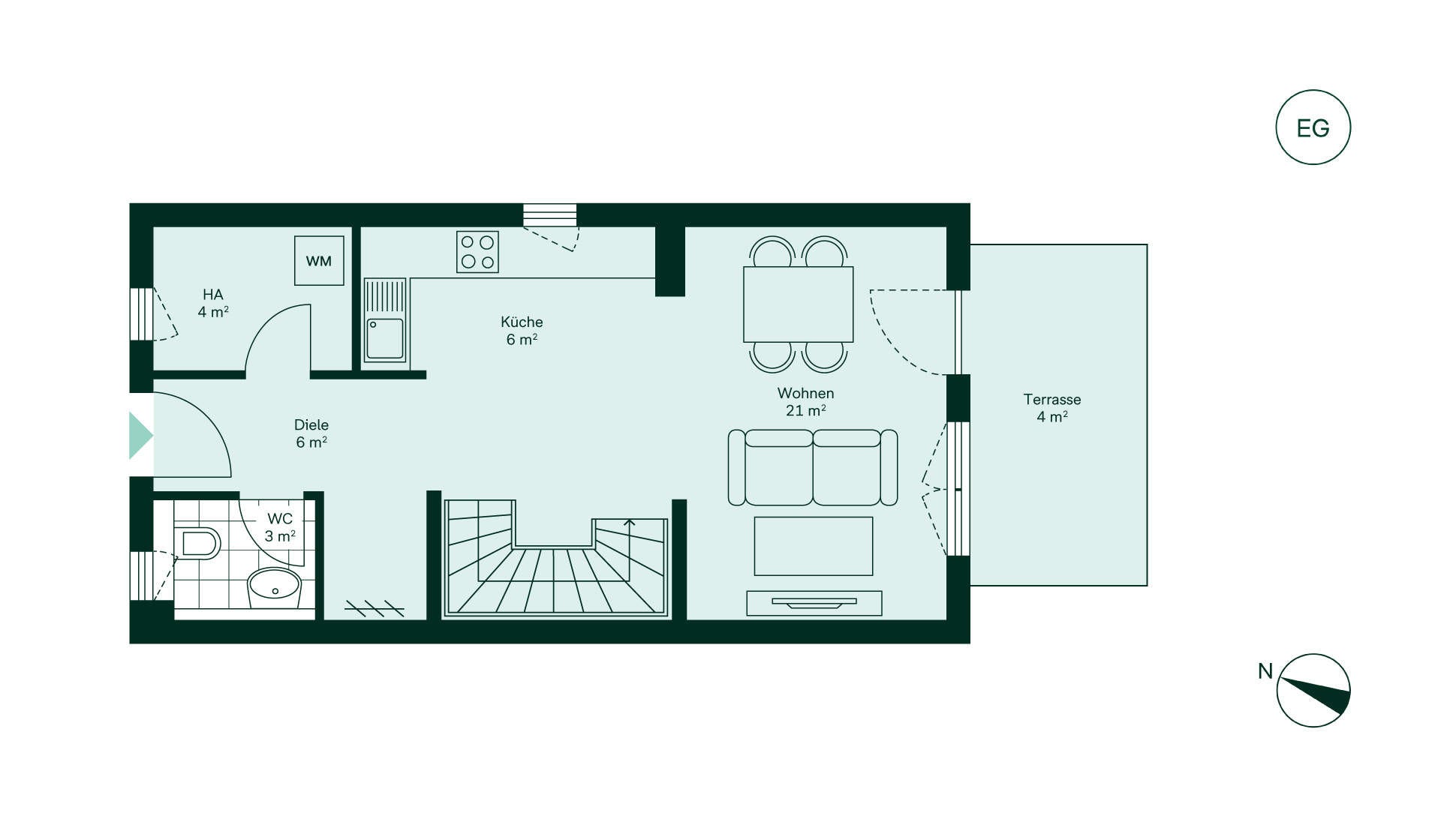 Grundriss des Erdgeschosses vom Reihenhaus im Neubauprojekt Fontaneviertel