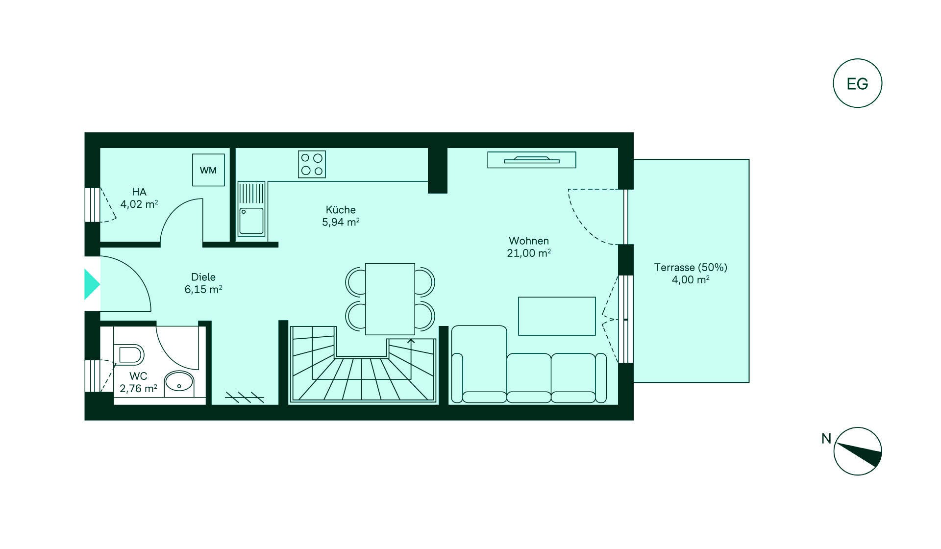 Grundriss des Erdgeschosses im Reihenhaus im Neubauprojekt Fontaneviertel