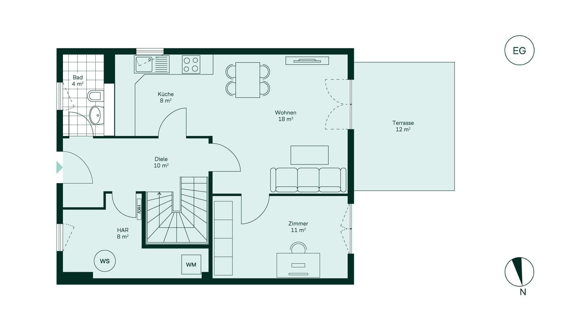 Großzügiges Erdgeschoss mit offener Küche Grundriss des Erdgeschosses im Einfamilienhaus im Neubauprojekt Tresenwaldbogen