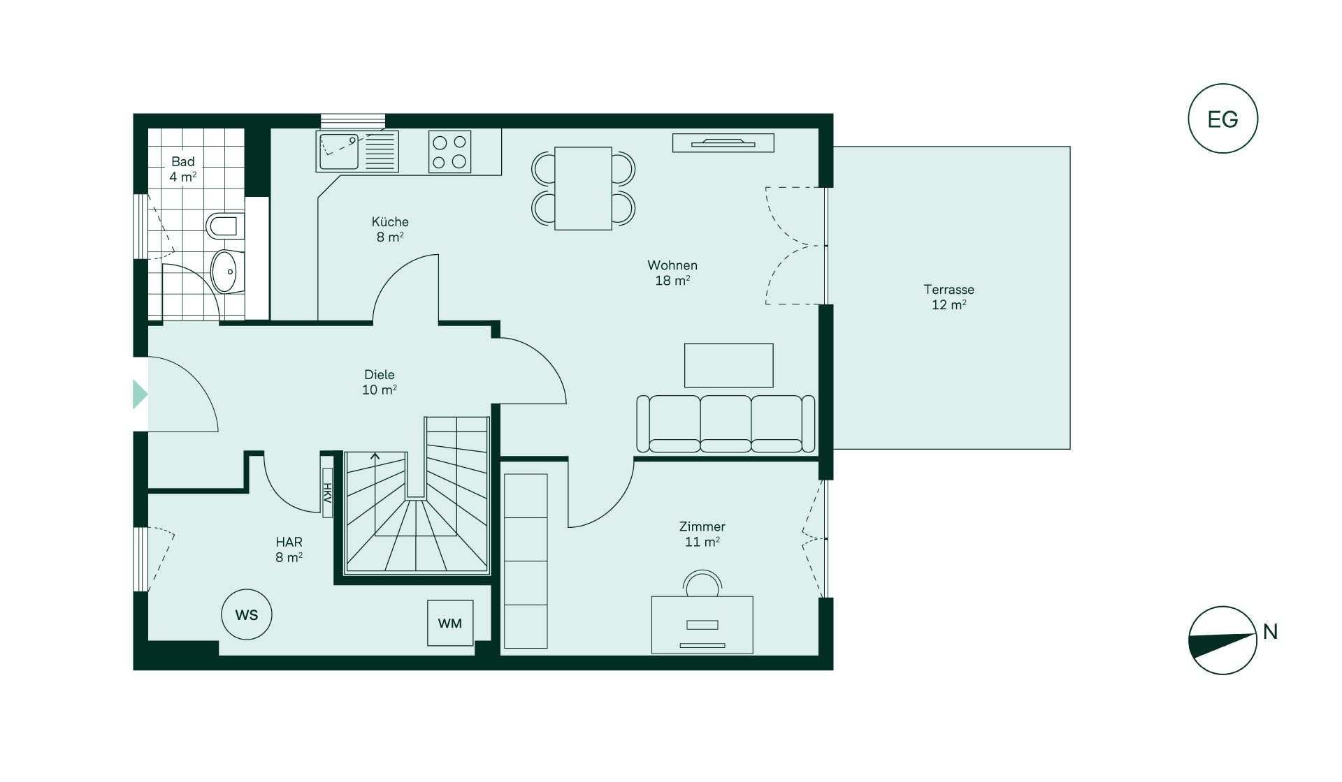 Grundriss des Erdgeschosses im Einfamilienhaus im Neubauprojekt Tresenwaldbogen