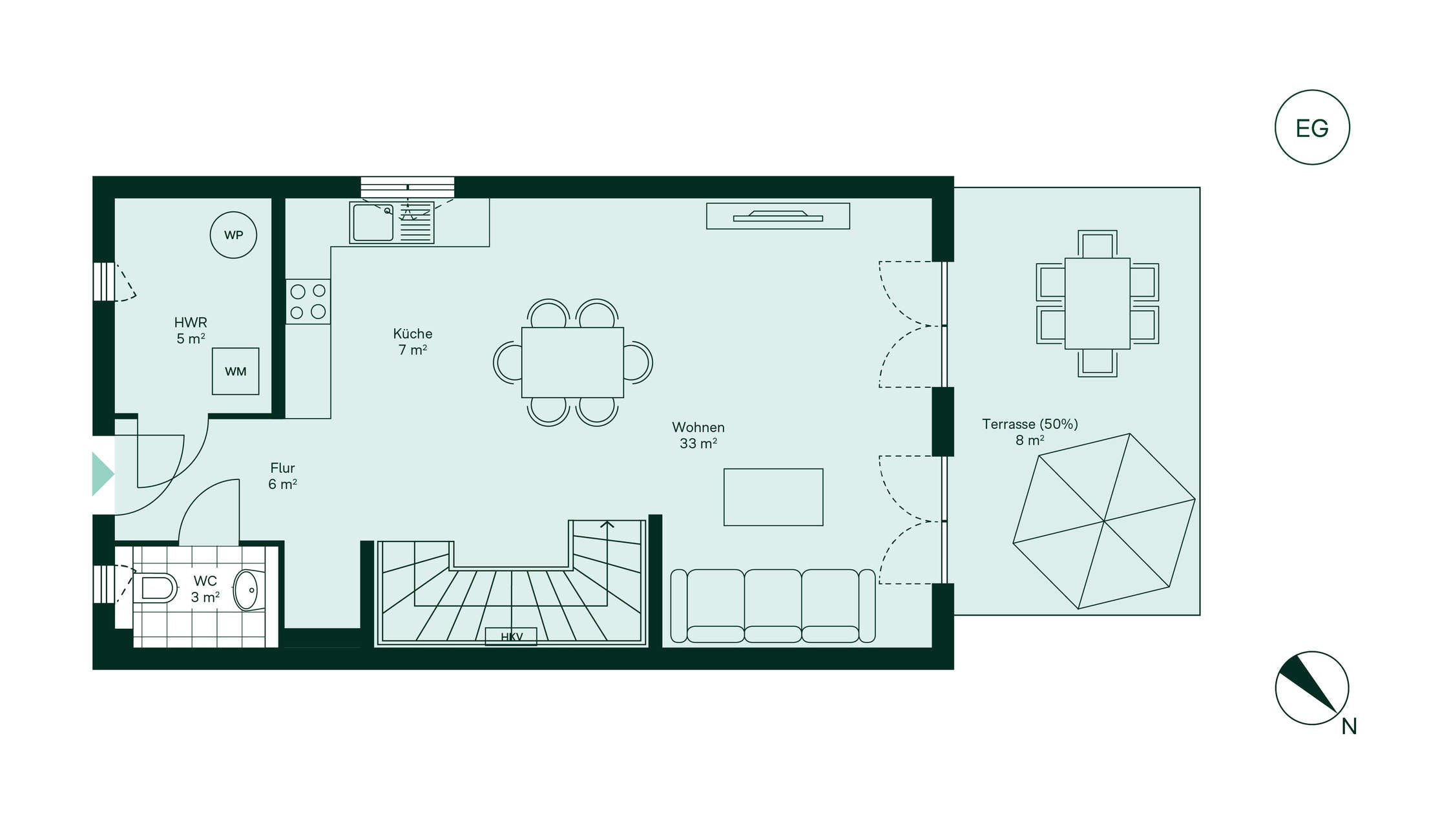 Geräumiges Erdgeschoss mit viel Stauraum Grundriss des Erdgeschosses im Doppelhaus im Neubauprojekt Neuseengaerten