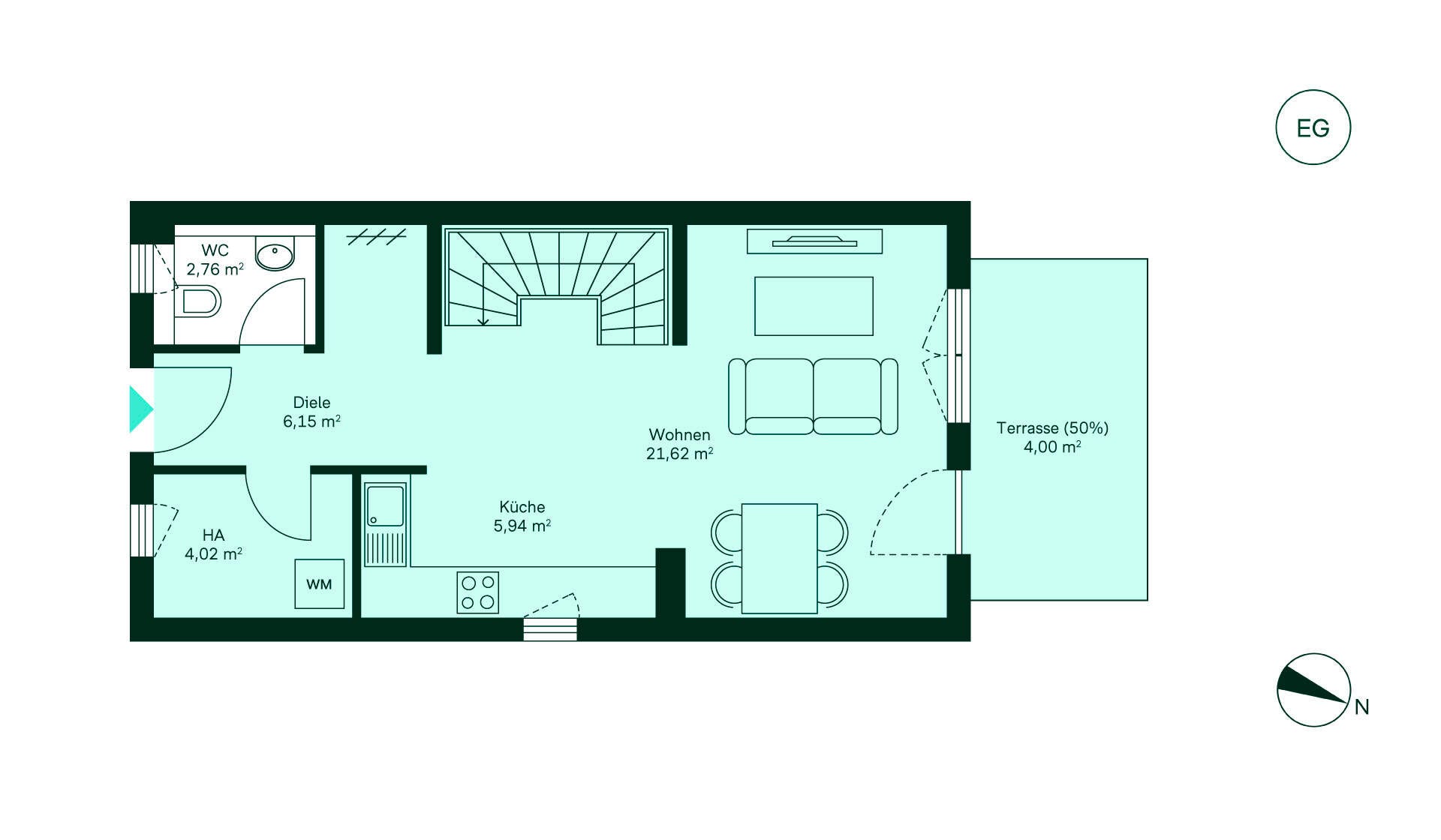 Geräumiges Erdgeschoss mit viel Stauraum Grundriss des Erdgeschosses im Reihenhaus im Neubauprojekt Fontaneviertel