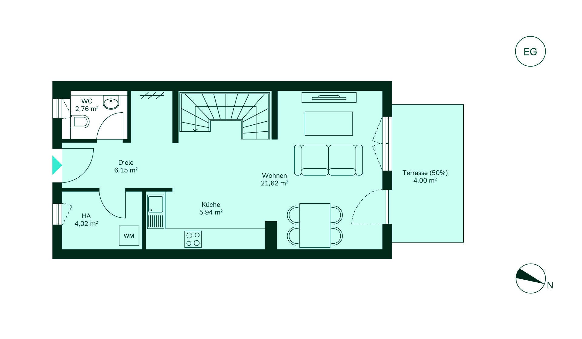 Geräumiges Erdgeschoss mit viel Stauraum Grundriss des Erdgeschosses im Reihenhaus im Neubauprojekt Fontaneviertel