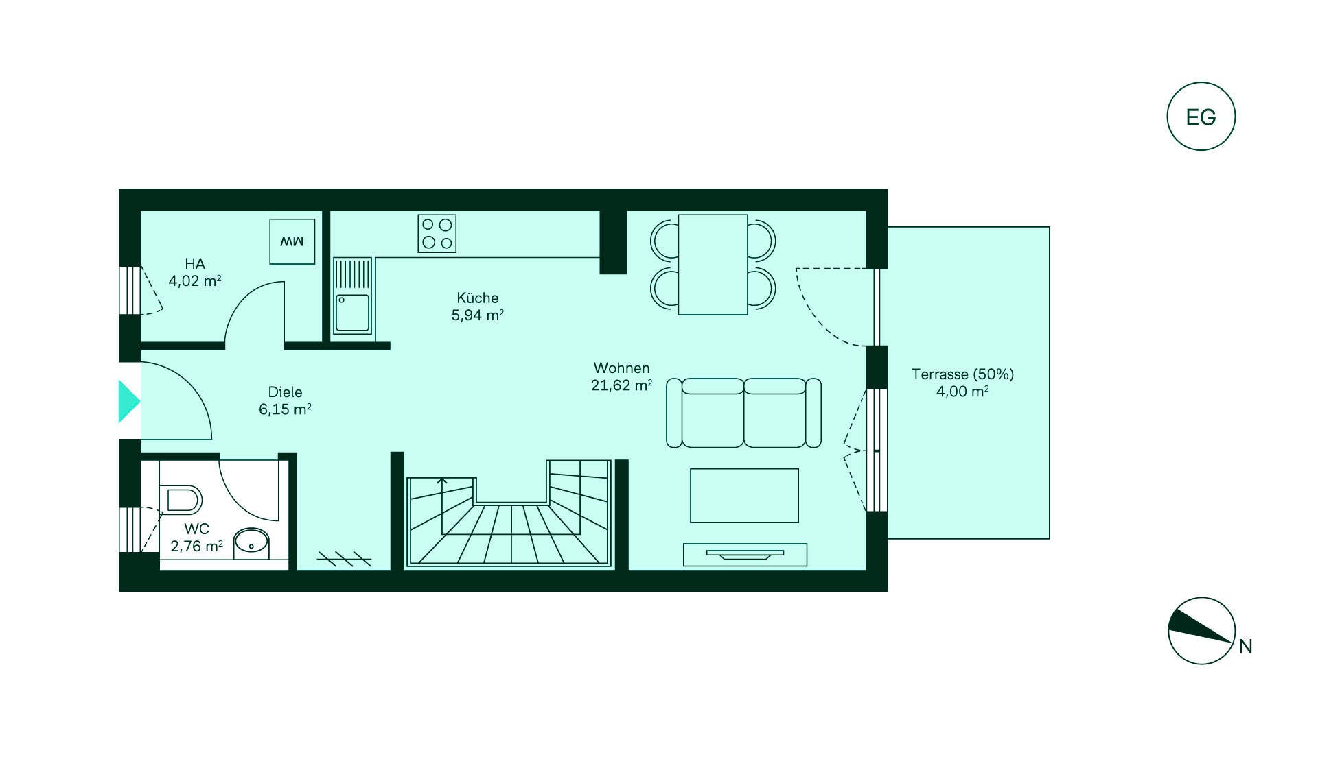 Geräumiges Erdgeschoss mit viel Stauraum Grundriss des Erdgeschosses im Reihenhaus im Neubauprojekt Fontaneviertel