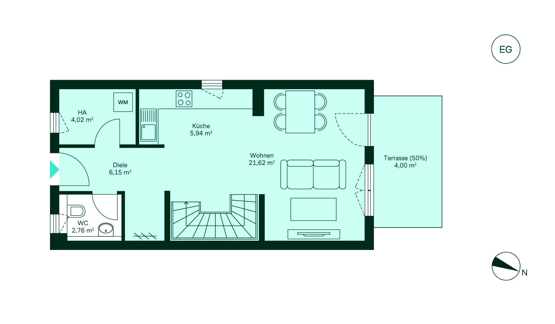 Grundriss des Erdgeschosses im Reihenhaus im Neubauprojekt Fontaneviertel