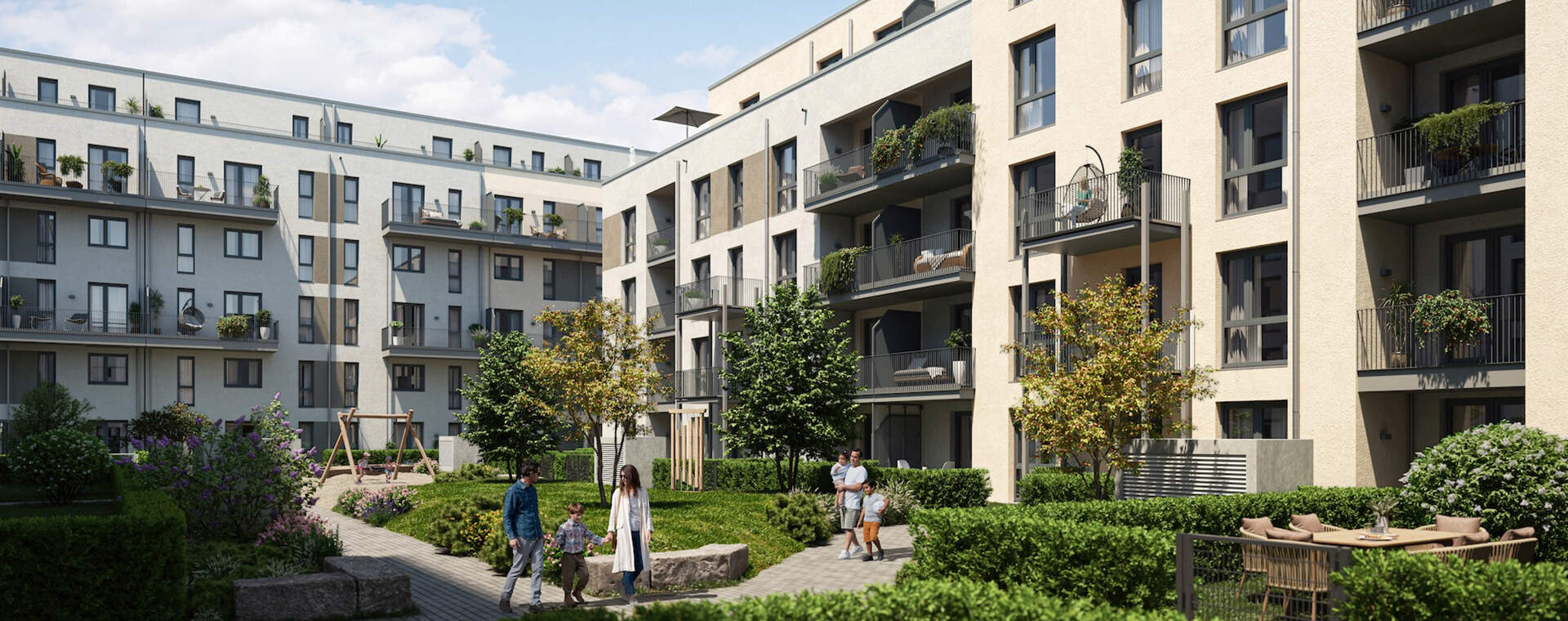 Visualisierung des Innenhofes im Neubauquartier Paulshöfe