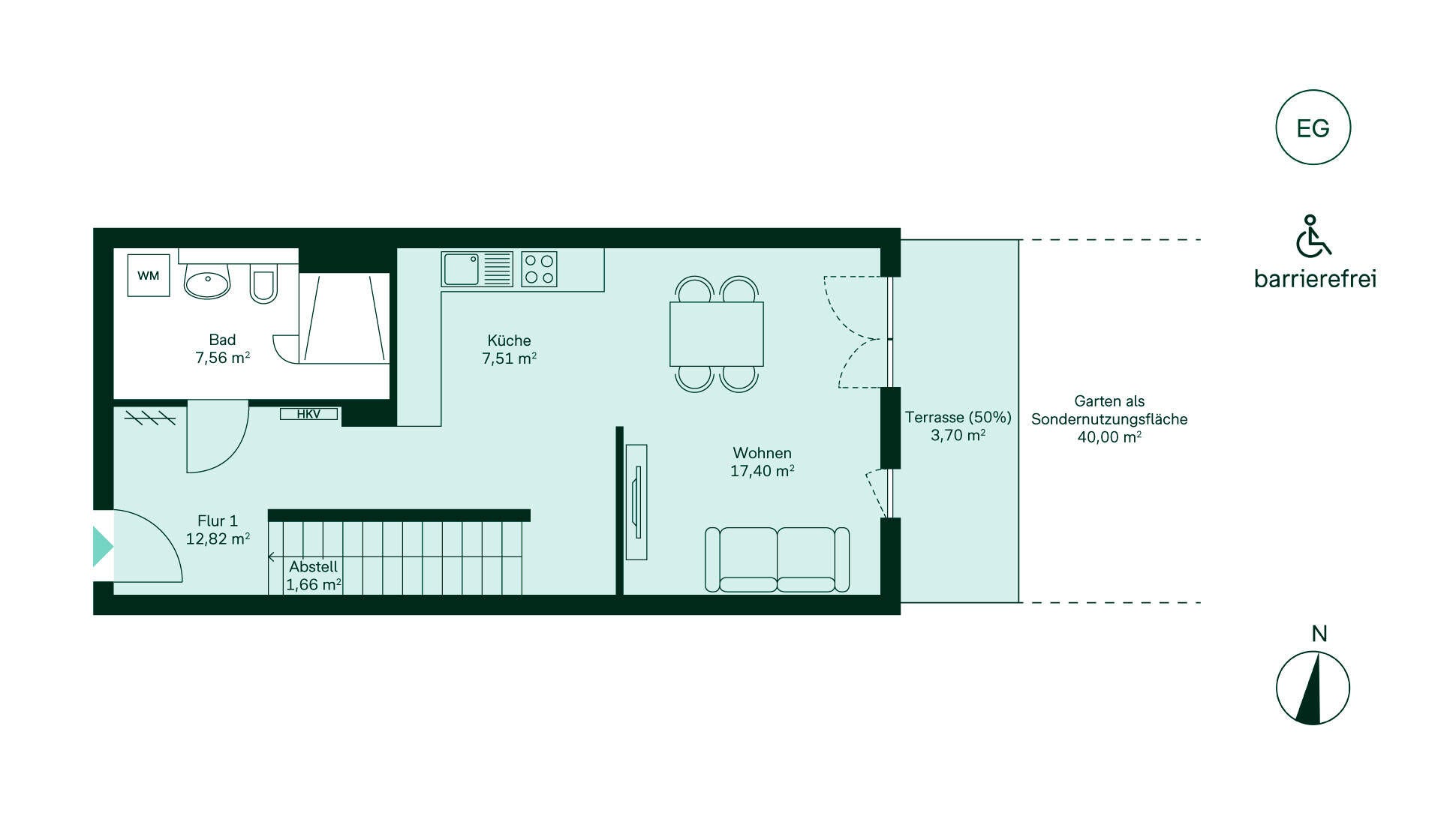 Ein barrierefreier Grundriss: Flur führt zur Küche, Wohnzimmer mit Terrasse und Garten, Bad vorhanden.