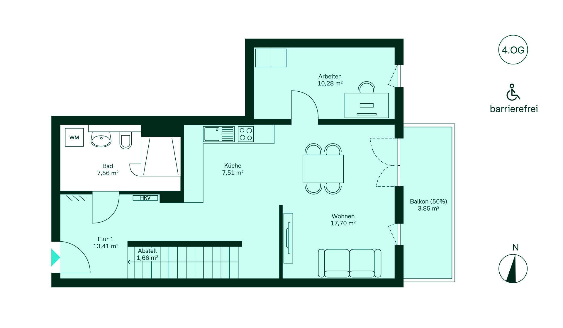 Entdecken Sie diese barrierefreie Wohnung im 4. OG: Flur, Küche, Wohnzimmer, Arbeitszimmer, Bad und Balkon.