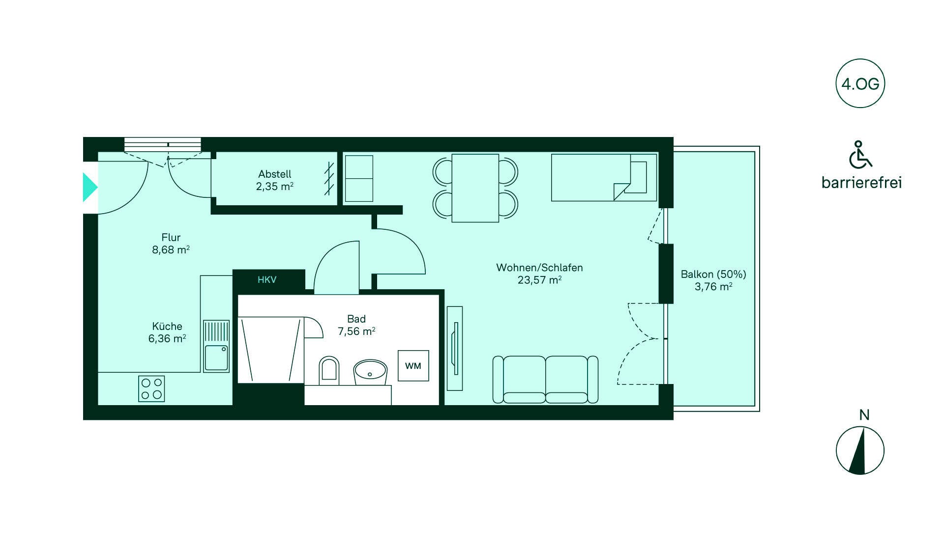 Grundriss der Eigentumswohnung Entdecken Sie Ihr neues Zuhause: Der Flur führt zur Küche, Bad, Wohnbereich und Balkon. Alles barrierefrei!
