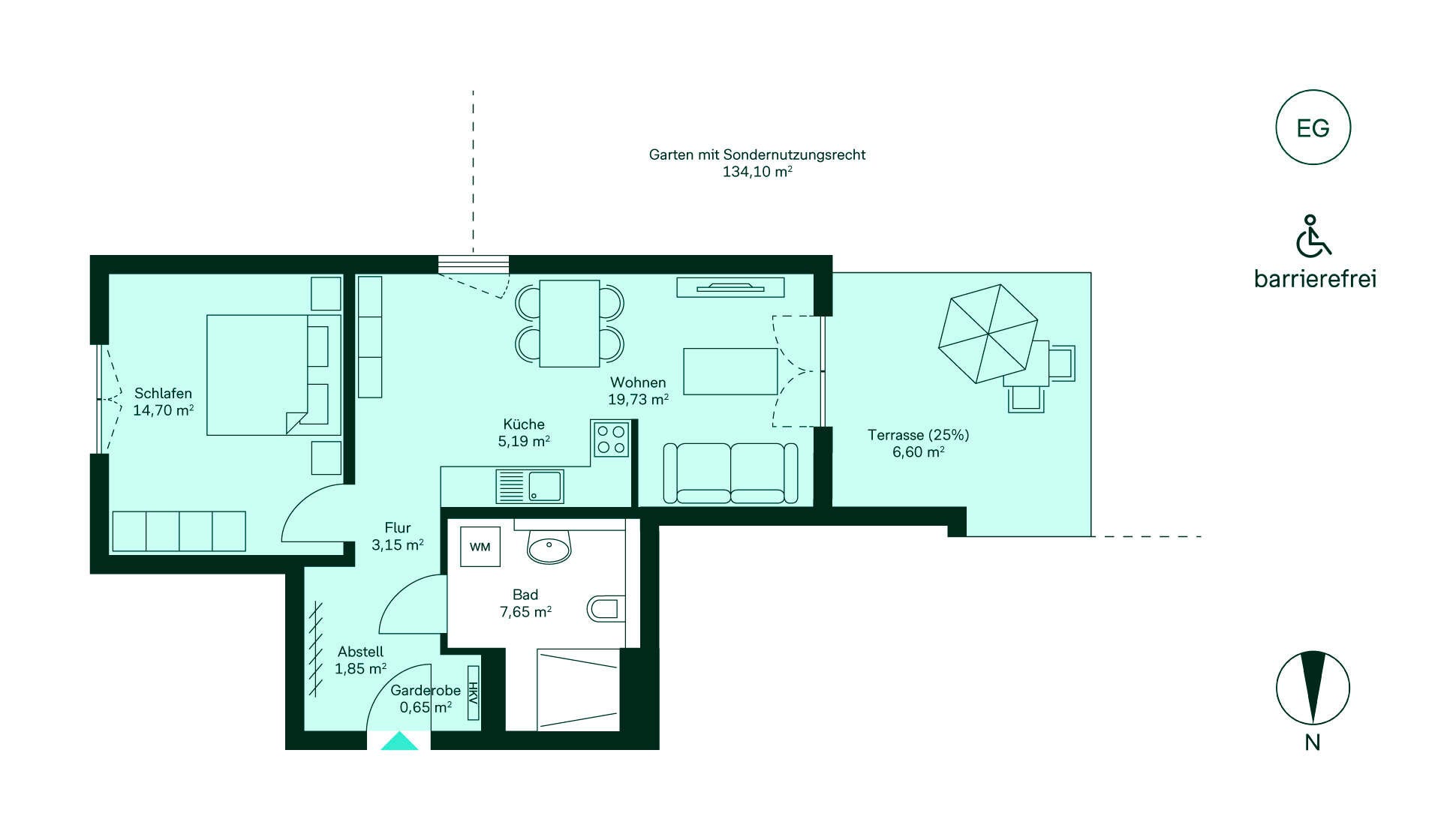 Grundriss der Eigentumswohnung Barrierefreie Wohnung im EG: Flur, Küche, Wohnbereich, Schlafzimmer, Bad, Terrasse und Garten.