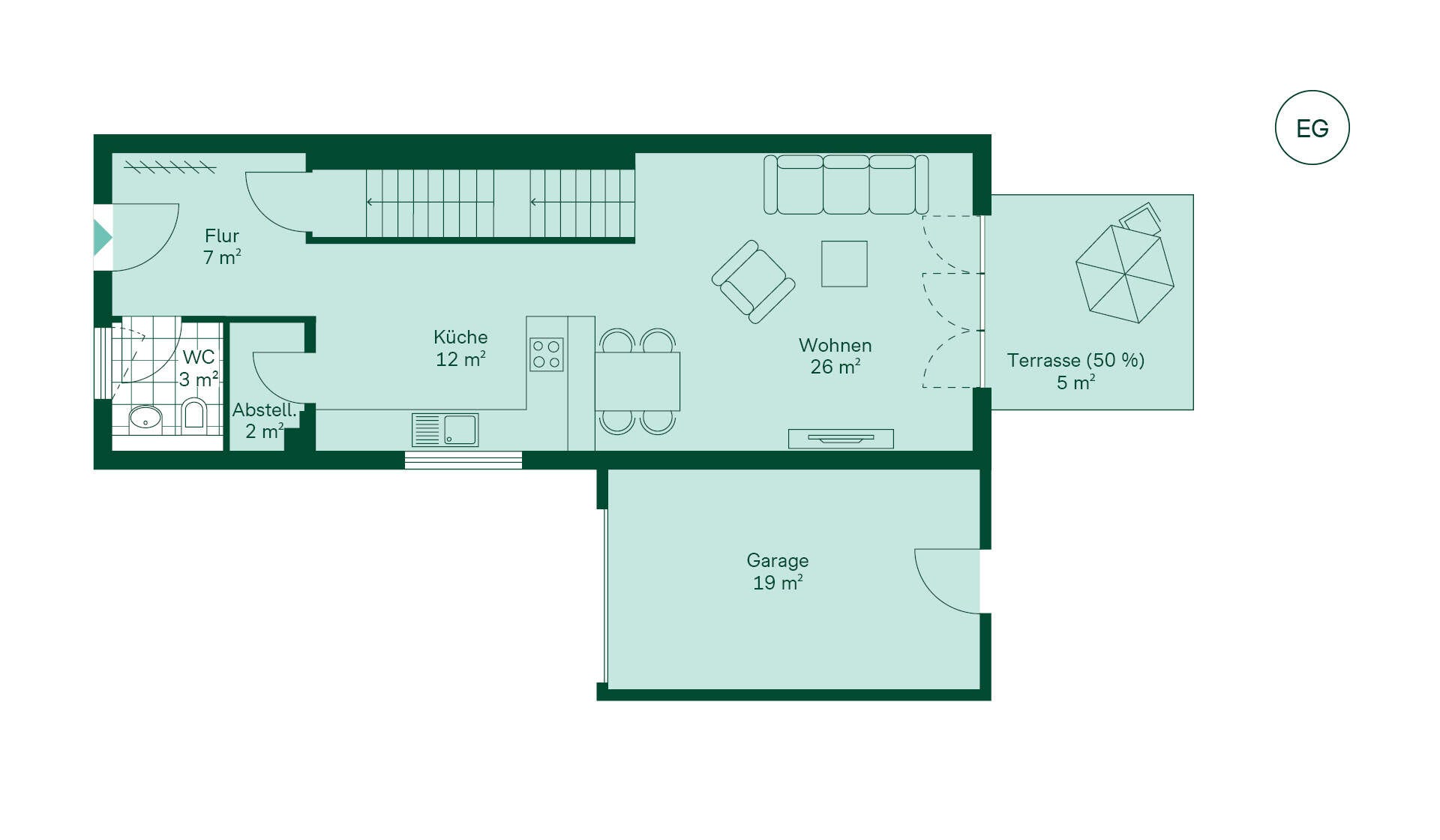 Grundriss des Erdgeschosses im Kettenhaus im Neubauprojekt Roemerquartier 3