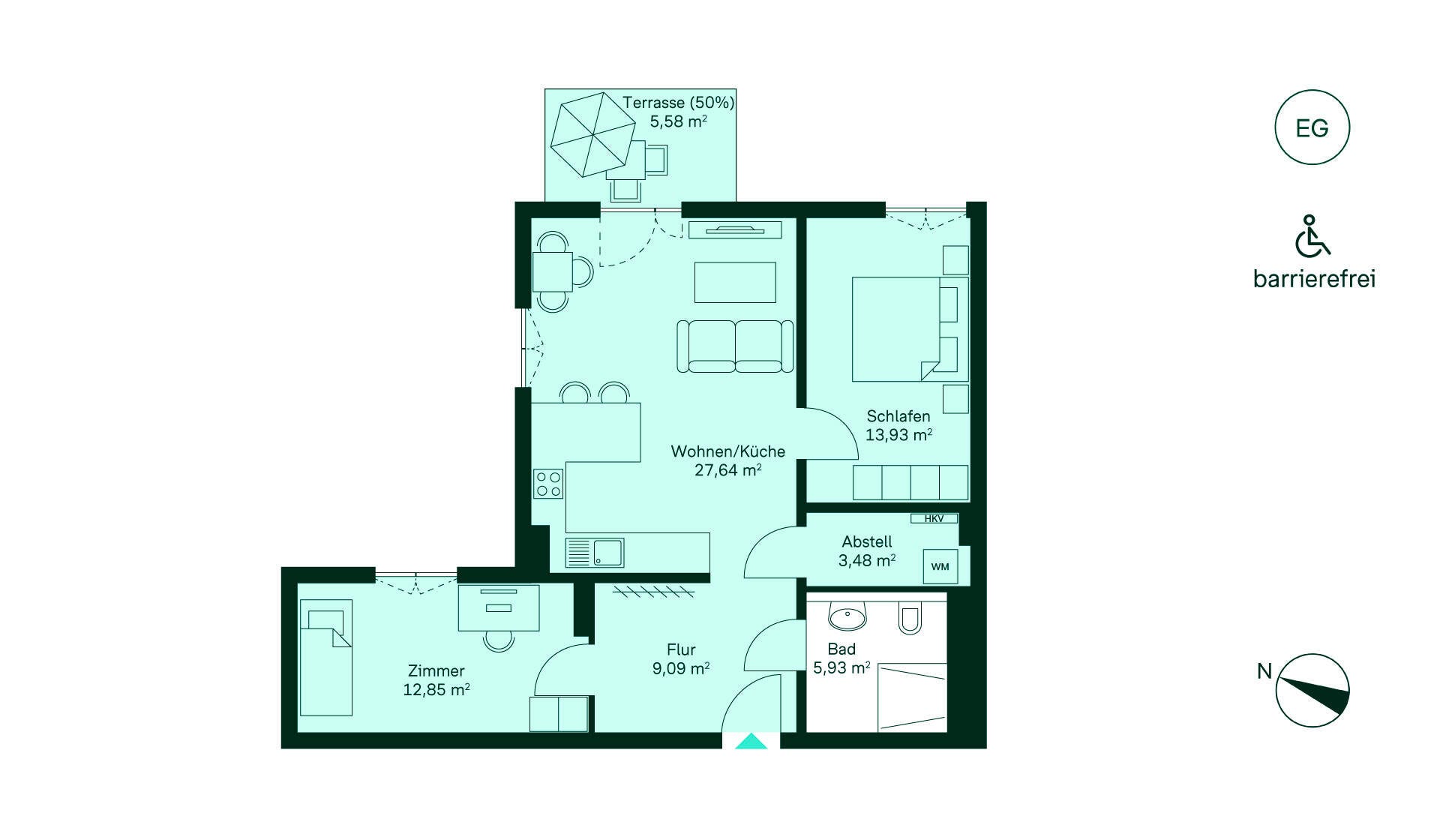 Grundriss der Eigentumswohnung Entdecken Sie Ihr neues Zuhause: Einladender Flur, moderne Küche, gemütliches Wohnzimmer, zwei Schlafzimmer, Bad und Terrasse. Barrierefrei für maximalen Komfort!