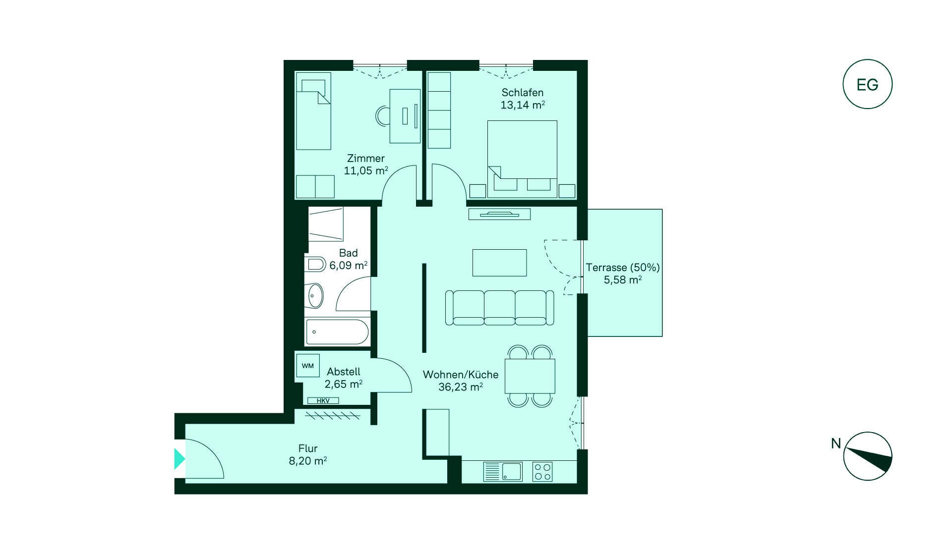 Grundriss der Eigentumswohnung Grundriss einer modernen Wohnung: Flur, Küche/Wohnzimmer, Schlafzimmer, Bad, Zimmer, Terrasse. Ideal für Familien!