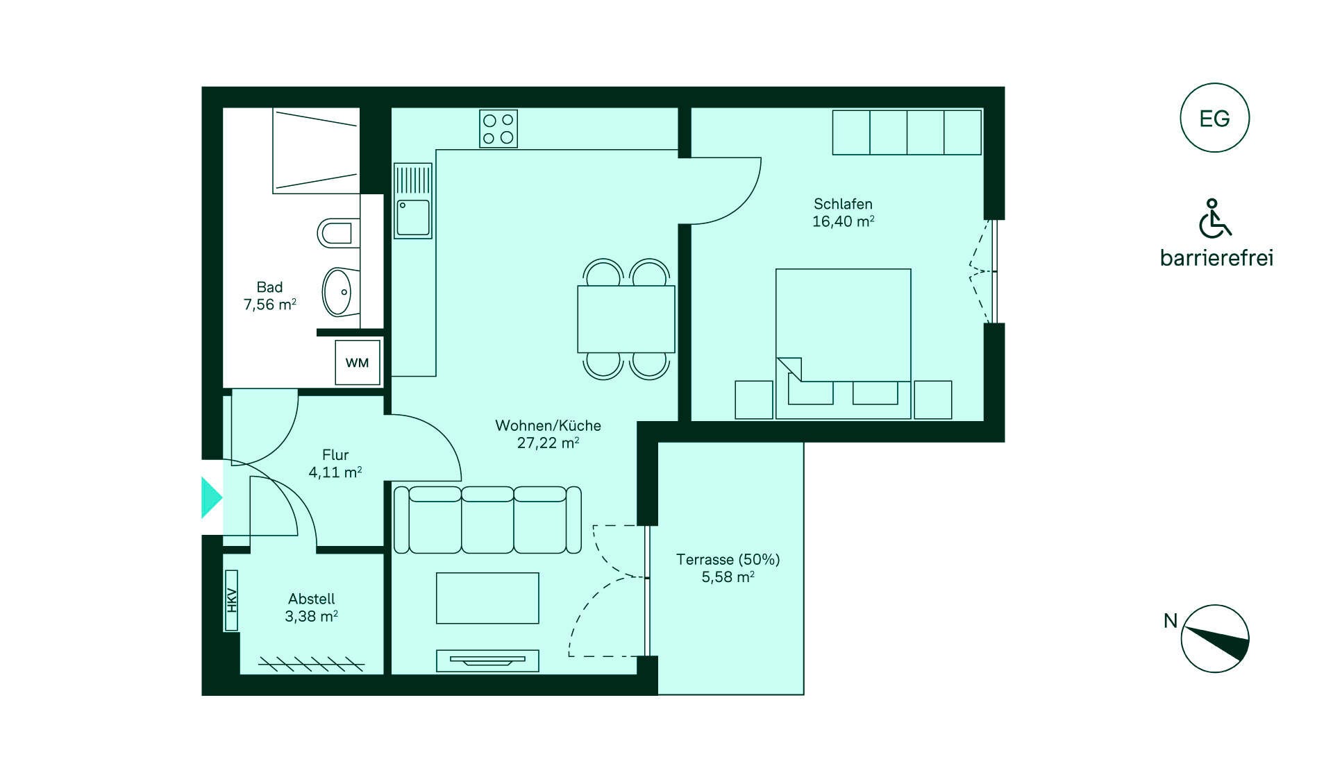 Grundriss der Eigentumswohnung Barrierefreie Wohnung im Erdgeschoss: Flur, offene Küche mit Wohnzimmer, Schlafzimmer, Bad, Terrasse.
