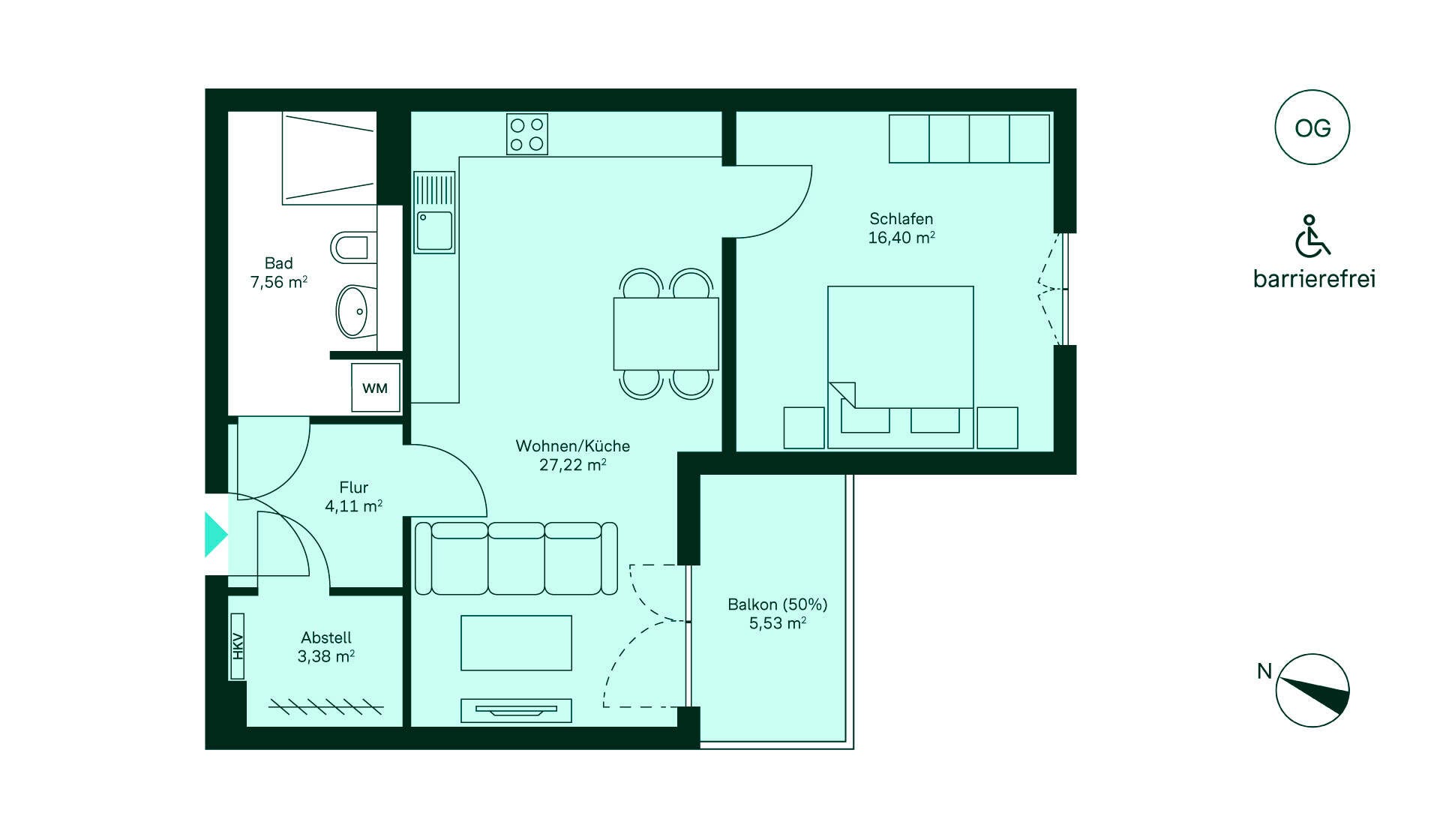 Gemütliche Wohnung mit geräumigem Flur, offener Küche und Wohnbereich. Schlafzimmer und Bad sind barrierefrei. Der Balkon lädt zum Entspannen ein.