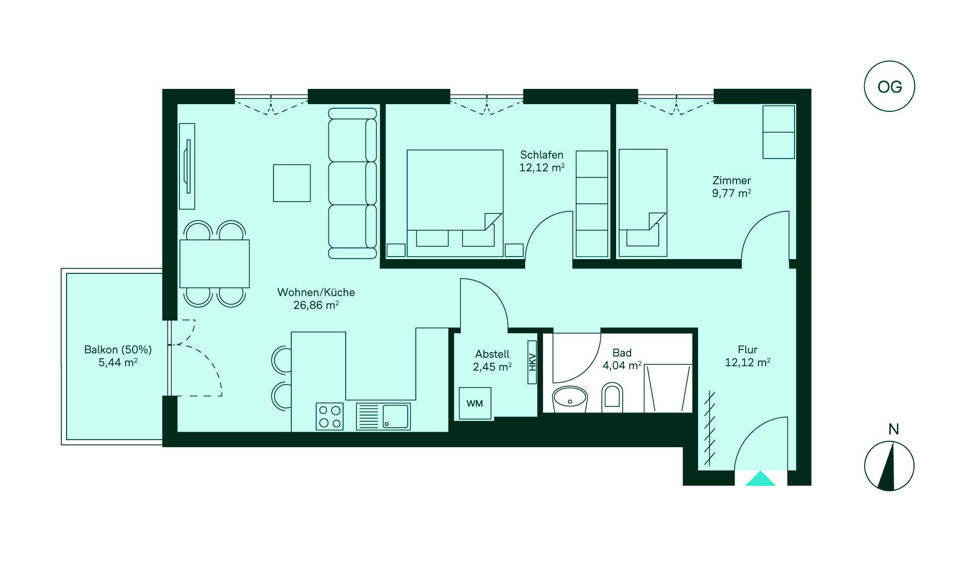 Grundriss der Eigentumswohnung Entdecken Sie diese charmante Wohnung: Flur, offene Küche/Wohnbereich, 2 Schlafzimmer, Bad, Balkon.