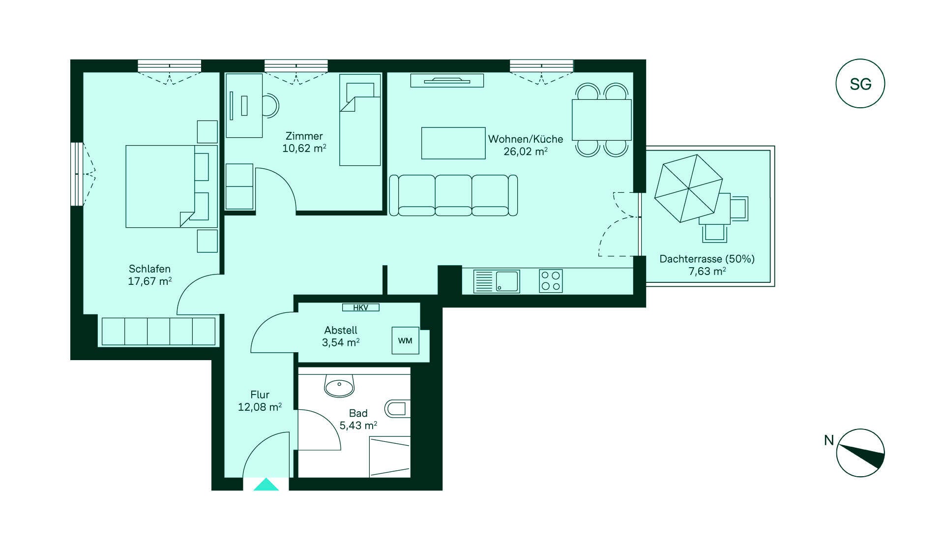 Grundriss der Eigentumswohnung Entdecken Sie Ihr neues Zuhause: Flur, offene Wohnküche, gemütliches Schlafzimmer, Bad und Dachterrasse.
