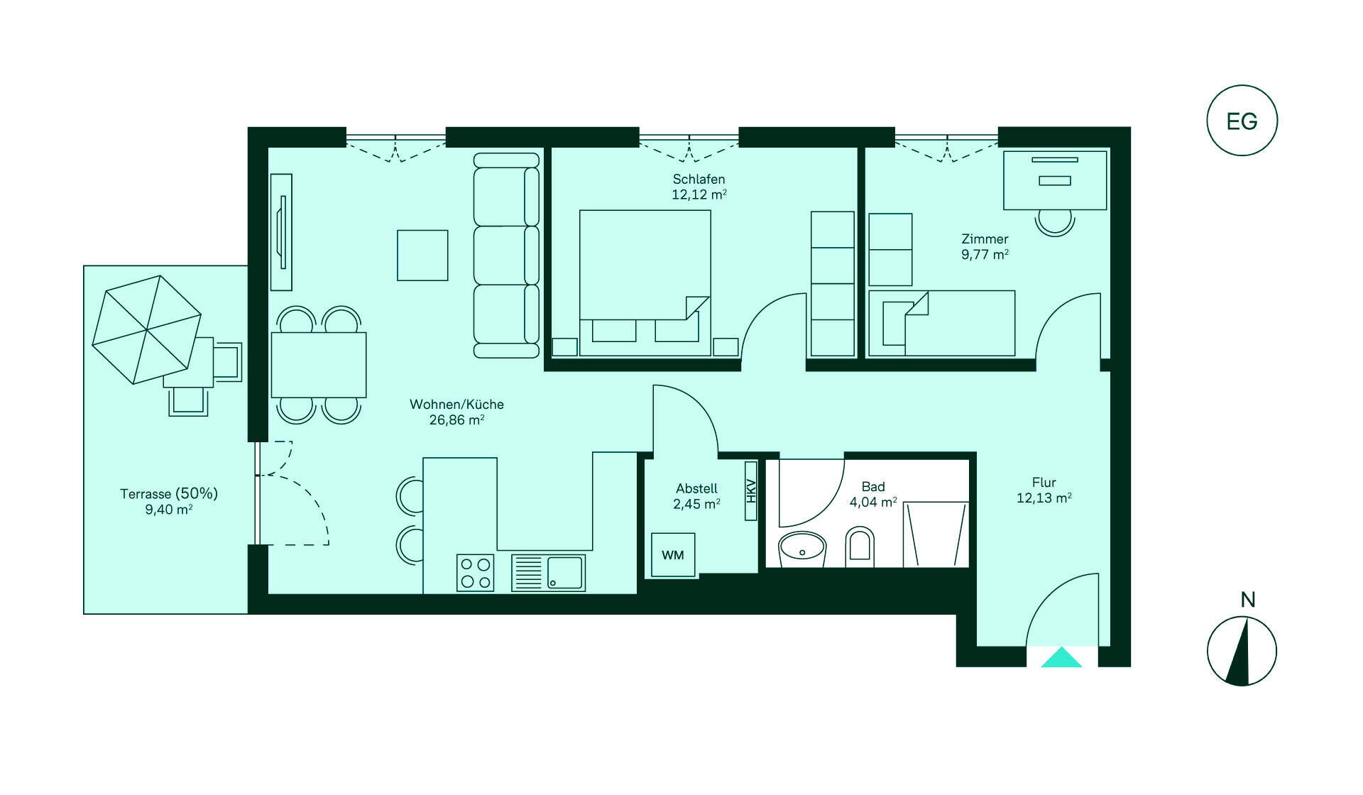 Entdecken Sie den Grundriss: Flur, offene Küche und Wohnzimmer, zwei Schlafzimmer, Bad, Terrasse. Ideal für Ihr neues Zuhause!