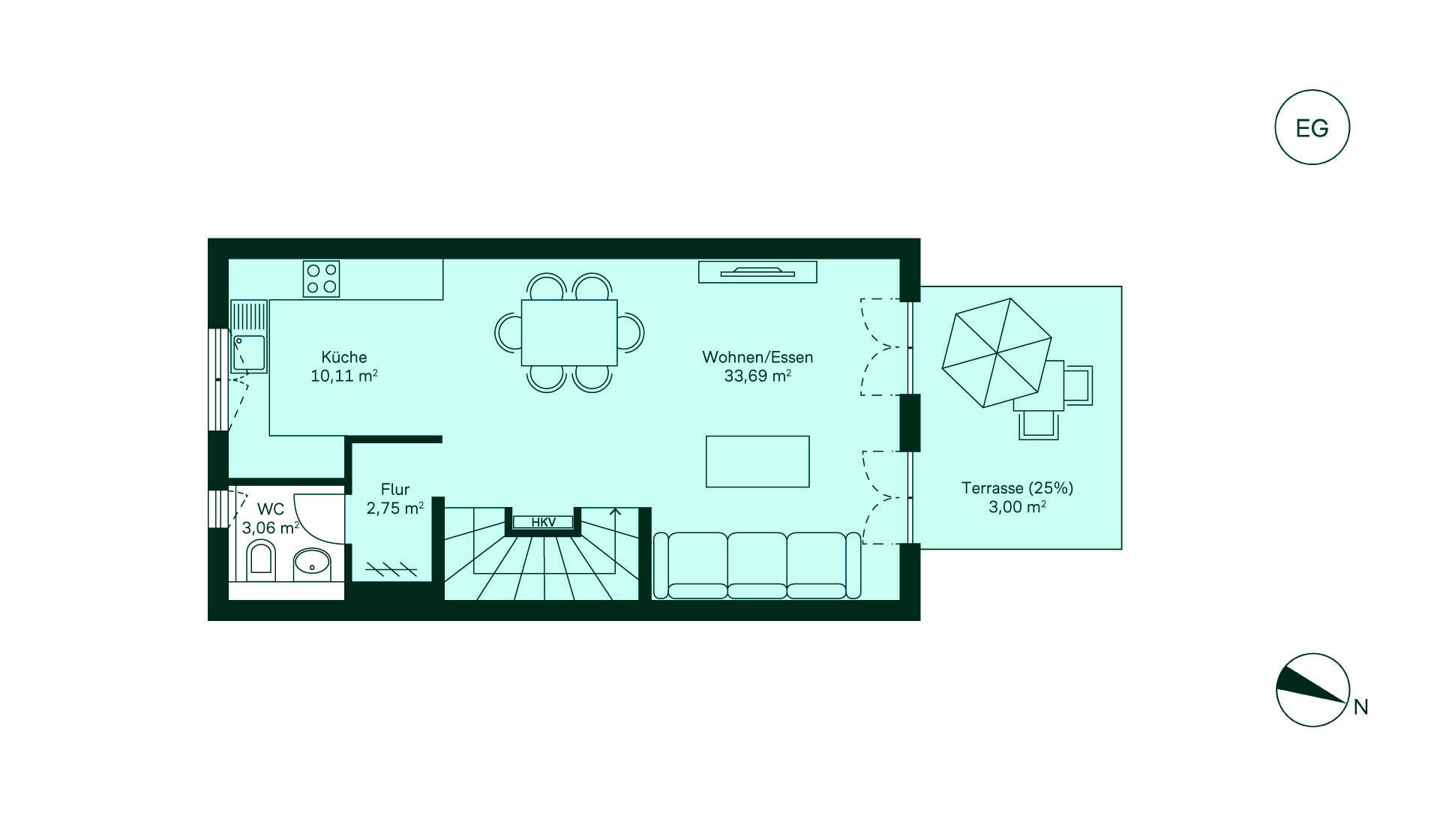 Grundriss des Erdgeschosses im Doppelhaus im Neubauprojekt Winzerhoehe 1 - Haeuser