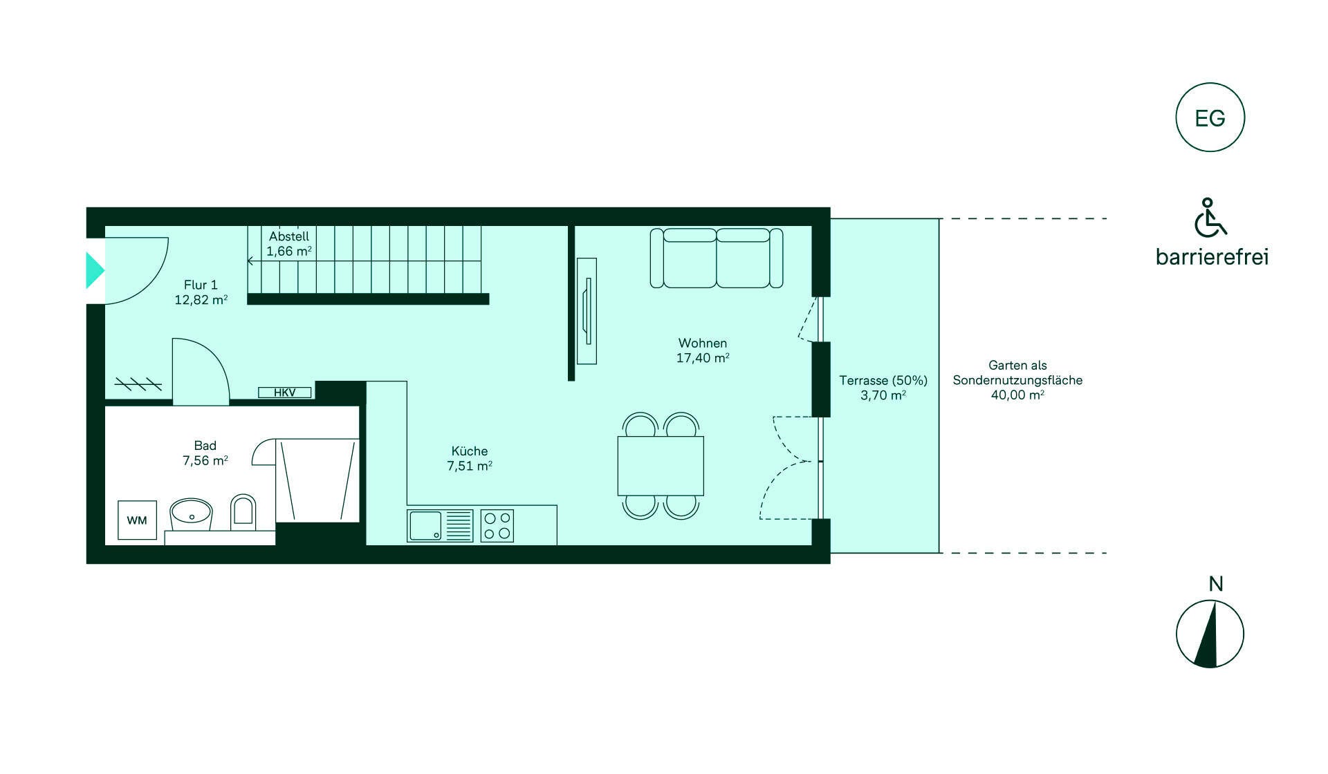 Grundriss einer barrierefreien Wohnung: Flur, Küche, Wohnzimmer, Bad, Terrasse und Garten. Ideal für Komfort!