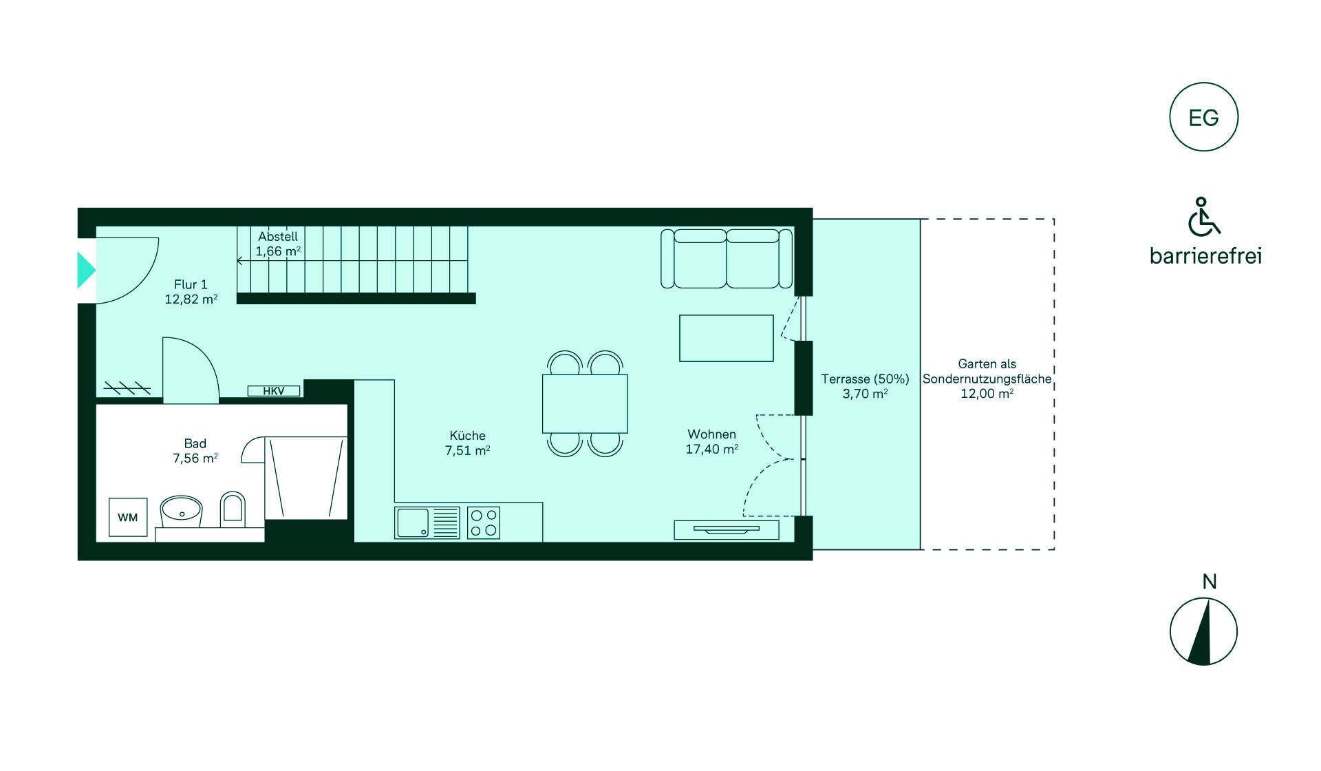 Grundriss des Untergeschosses Entdecken Sie ein barrierefreies Erdgeschoss mit Flur, Küche, Wohnzimmer, Bad, Terrasse und Garten.