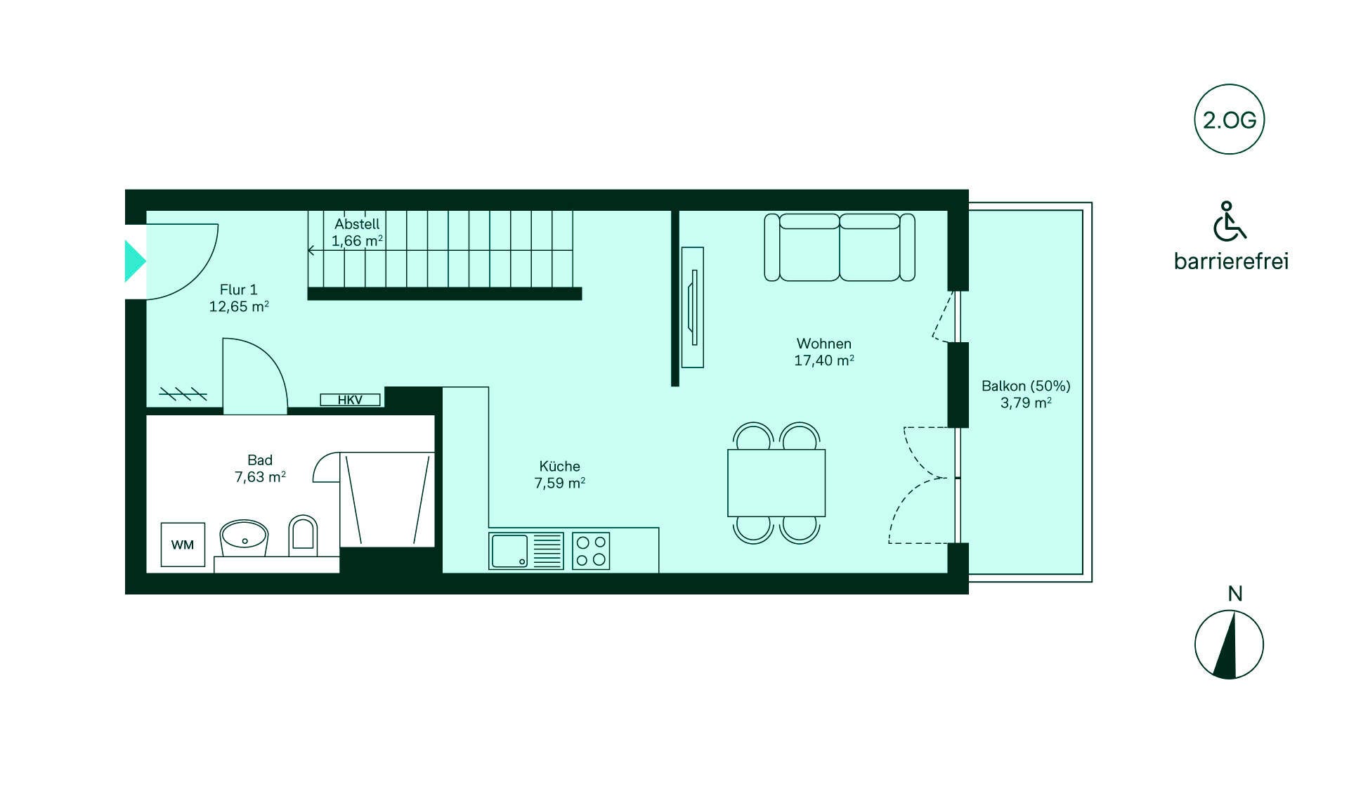 Grundriss des Untergeschosses Entdecken Sie diese barrierefreie Wohnung im 2. OG: Flur, Küche, Wohnzimmer, Bad und Balkon.