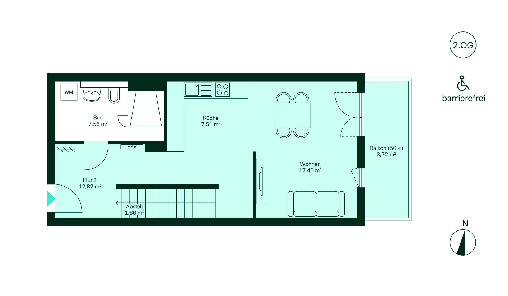 Grundriss des Untergeschosses Gemütliche Wohnung im 2. OG: Flur führt zur Küche, offenem Wohnbereich, Bad und Balkon. Barrierefrei!