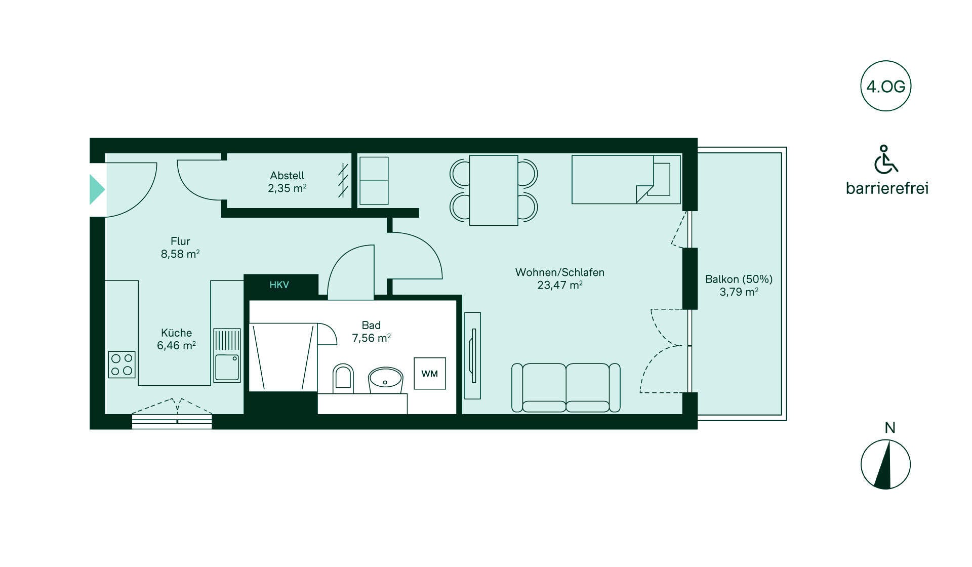 Grundriss der Eigentumswohnung Entdecken Sie die barrierefreie Wohnung im 4. OG: Flur, Küche, Wohn-/Schlafbereich, Bad, Balkon. Ideal für Komfort und Stil!