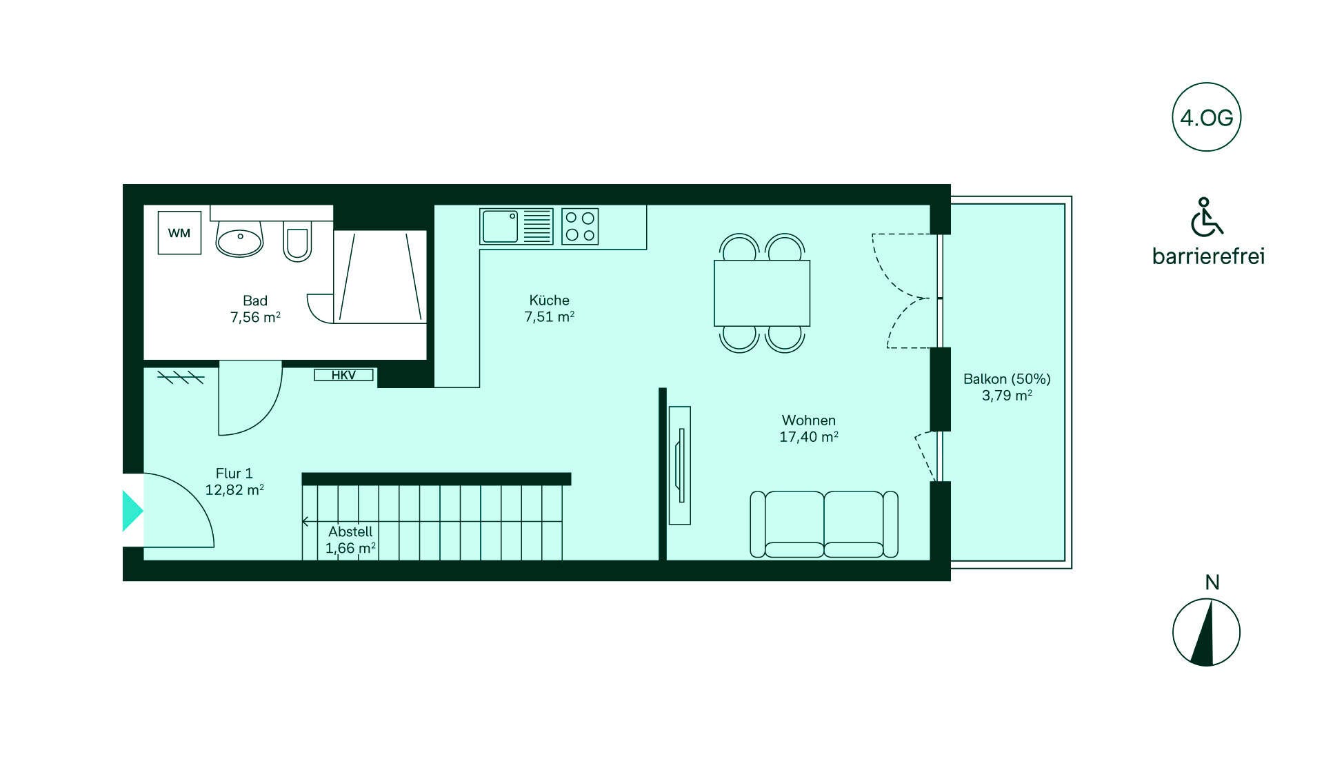 Grundriss des Untergeschosses Entdecken Sie dieses barrierefreie Apartment im 4. OG mit Flur, Küche, Wohnzimmer, Bad und Balkon.