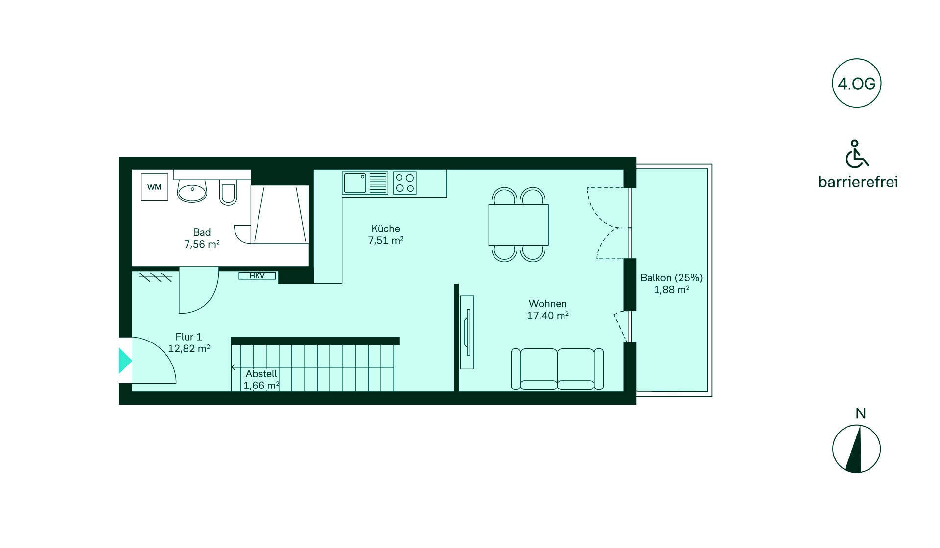 Grundriss des Untergeschosses Barrierefreie Wohnung im 4. OG: Flur, moderne Küche, Wohnzimmer mit Balkon, Bad, Abstellraum. Ideal!