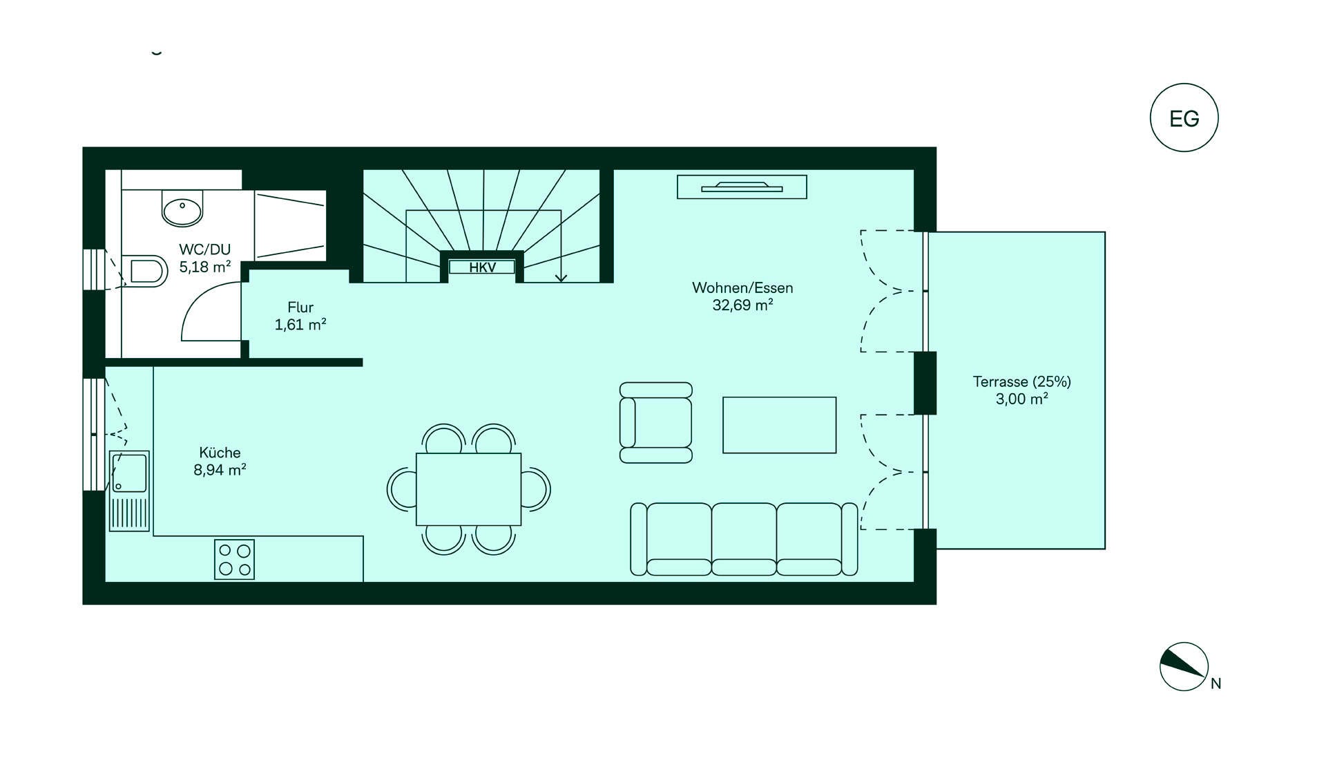 Grundriss des Erdgeschosses im Doppelhaus im Neubauprojekt Winzerhoehe 1 - Haeuser