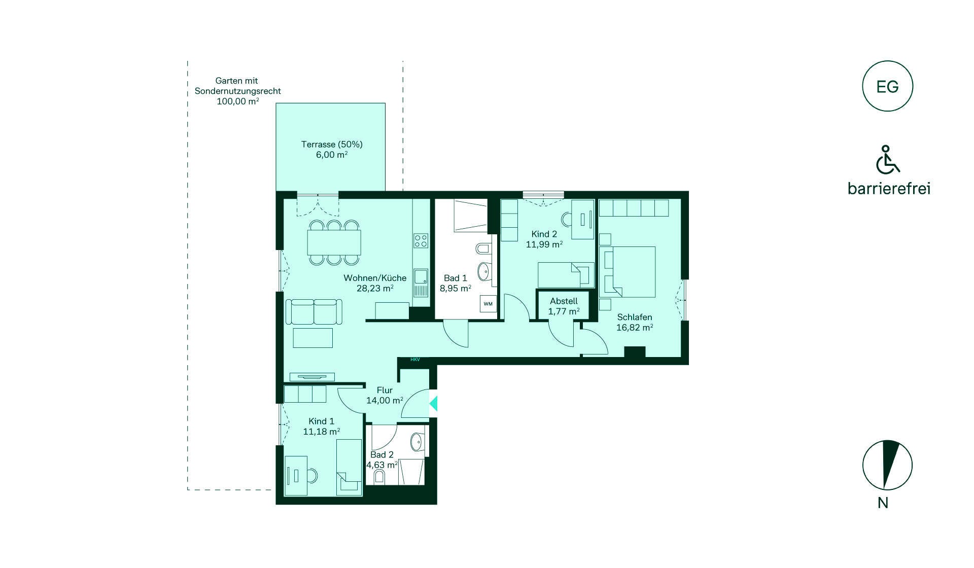 Barrierefreier Grundriss: Flur, offene Küche/Wohnzimmer, 3 Schlafzimmer, 2 Bäder, Terrasse, Garten.