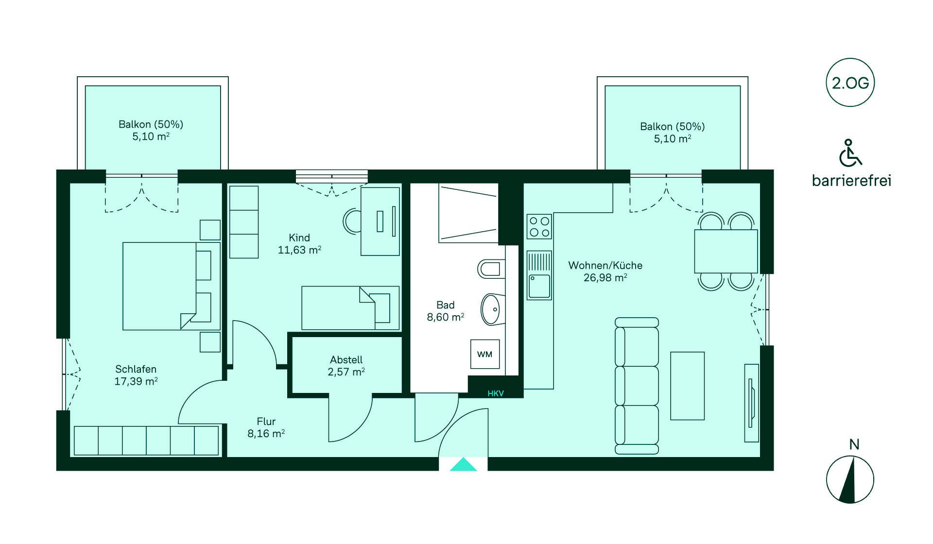 Entdecken Sie diese barrierefreie Wohnung: Flur, offene Küche/Wohnzimmer, zwei Schlafzimmer, Bad, zwei Balkone. Ideal für Familien!